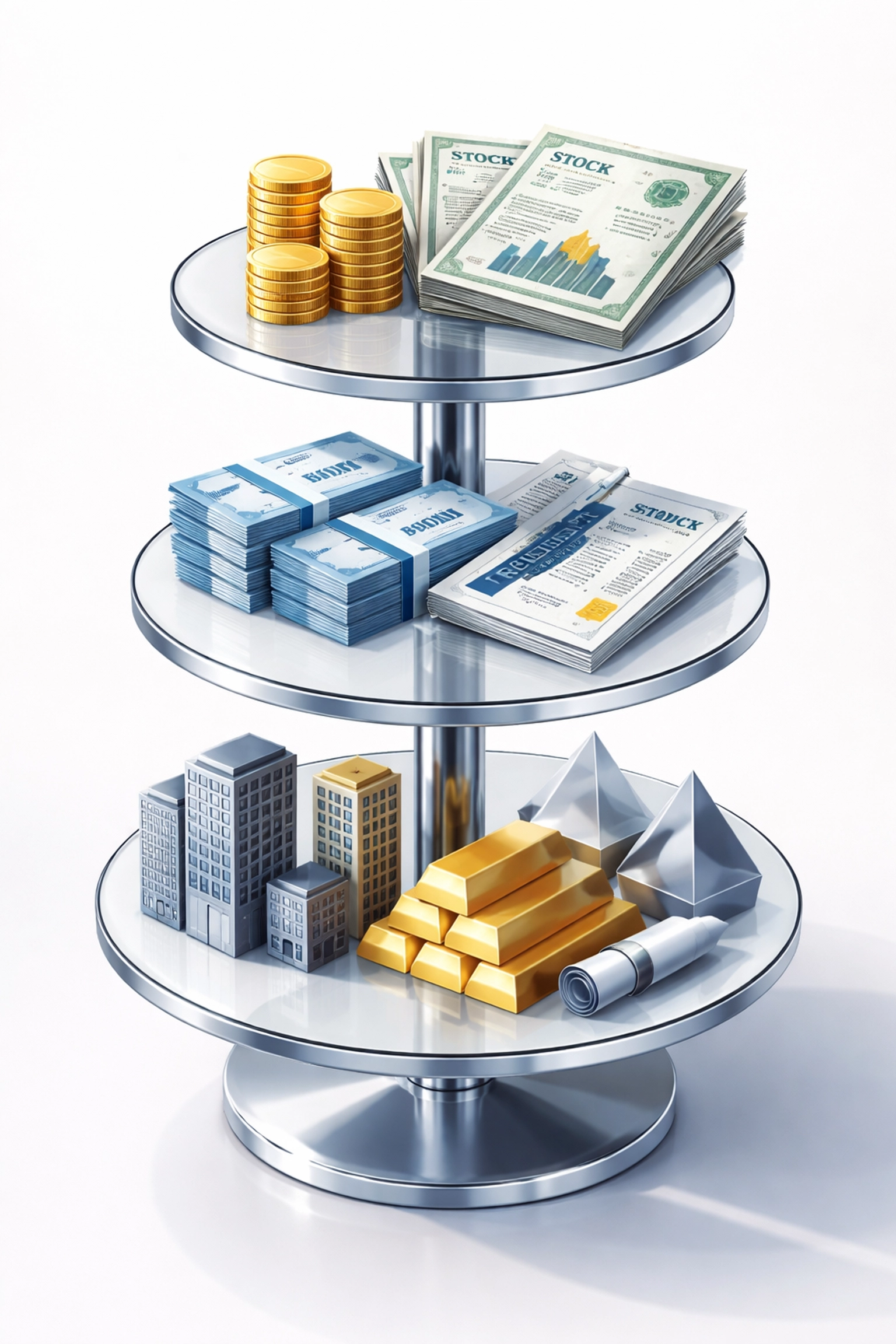 Balanced scale displaying stocks, bonds, and alternative assets represents the 40/30/30 diversified portfolio.