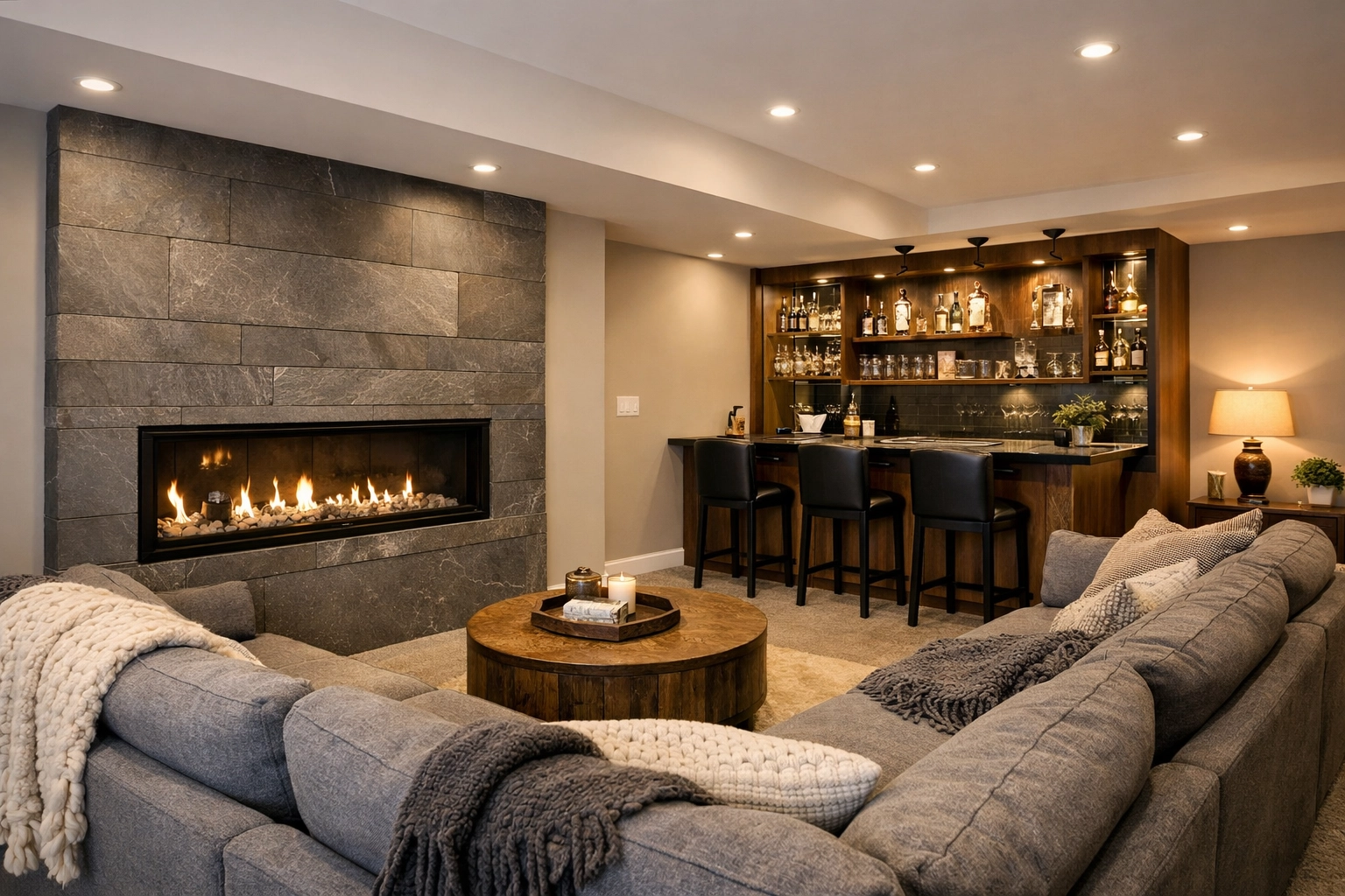 Luxuriously finished basement in Bay Village with a modern fireplace and cozy lounge area.