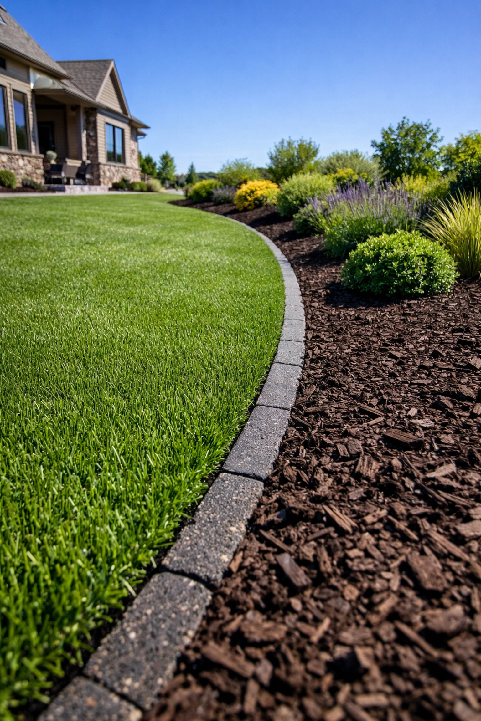 Professional hybrid landscaping in Clarkston featuring a manicured turf lawn and mulched garden beds.