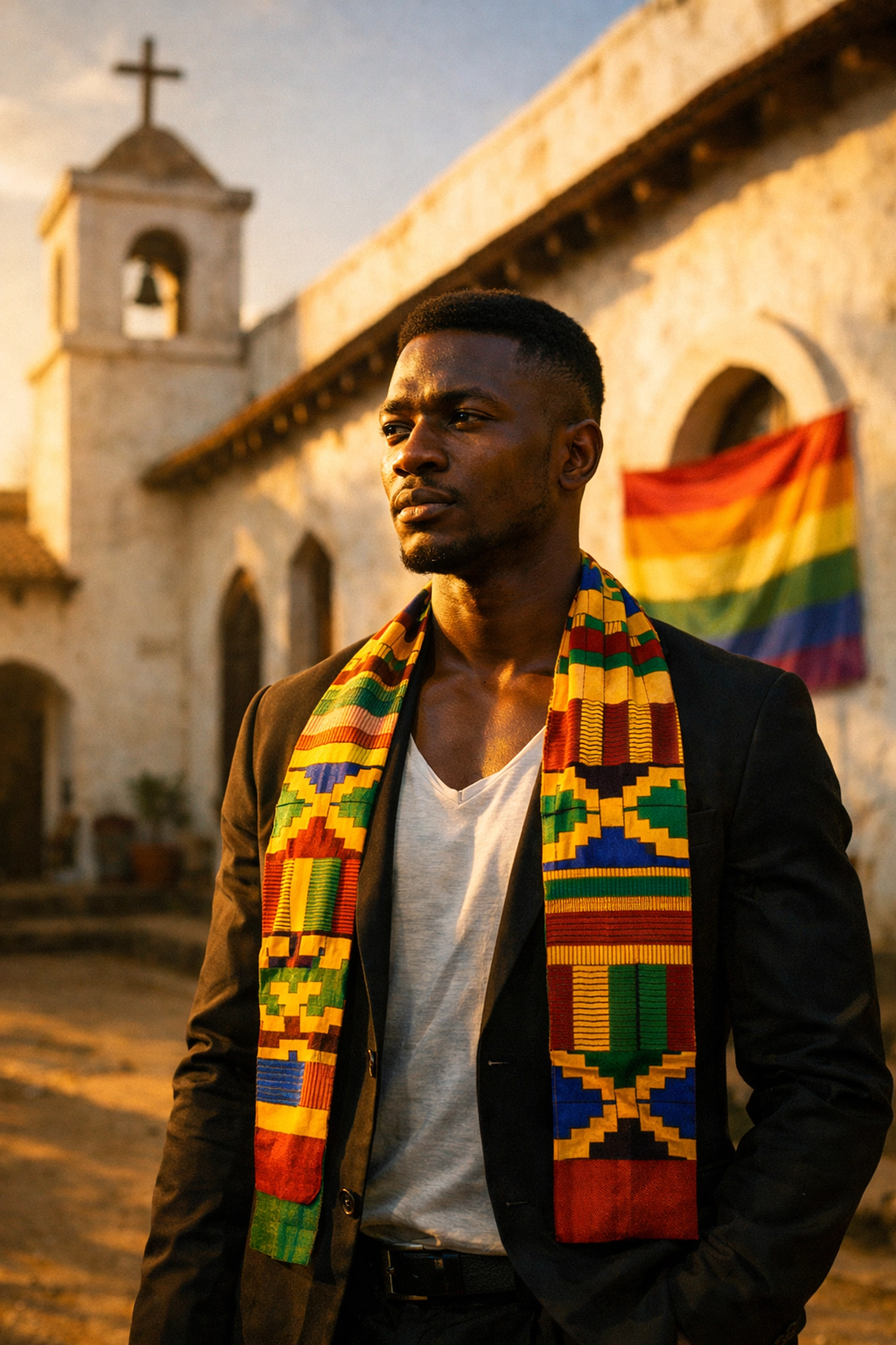 A Ghanaian man in Kente cloth outside a church, reflecting the tension between faith and LGBTQ identity.