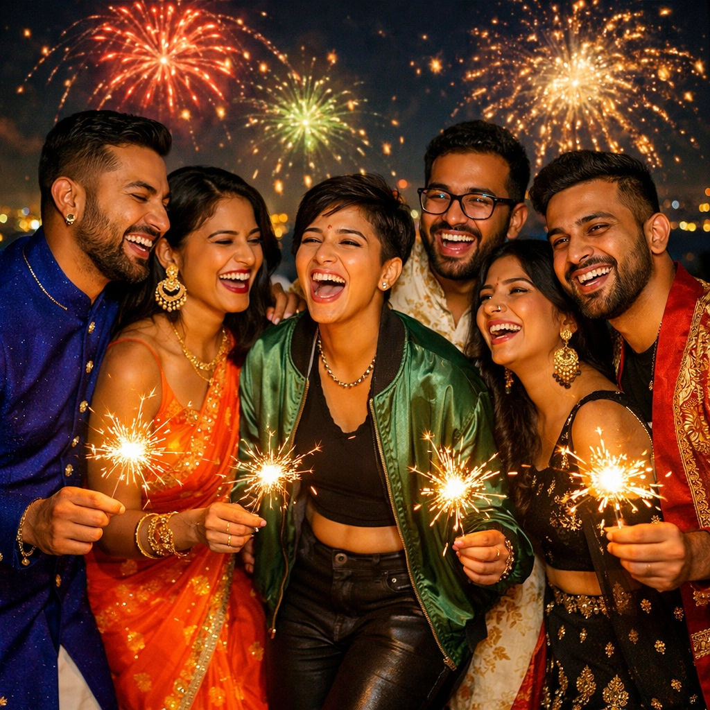Diverse group of queer South Asian friends celebrating Diwali with sparklers and festive joy.