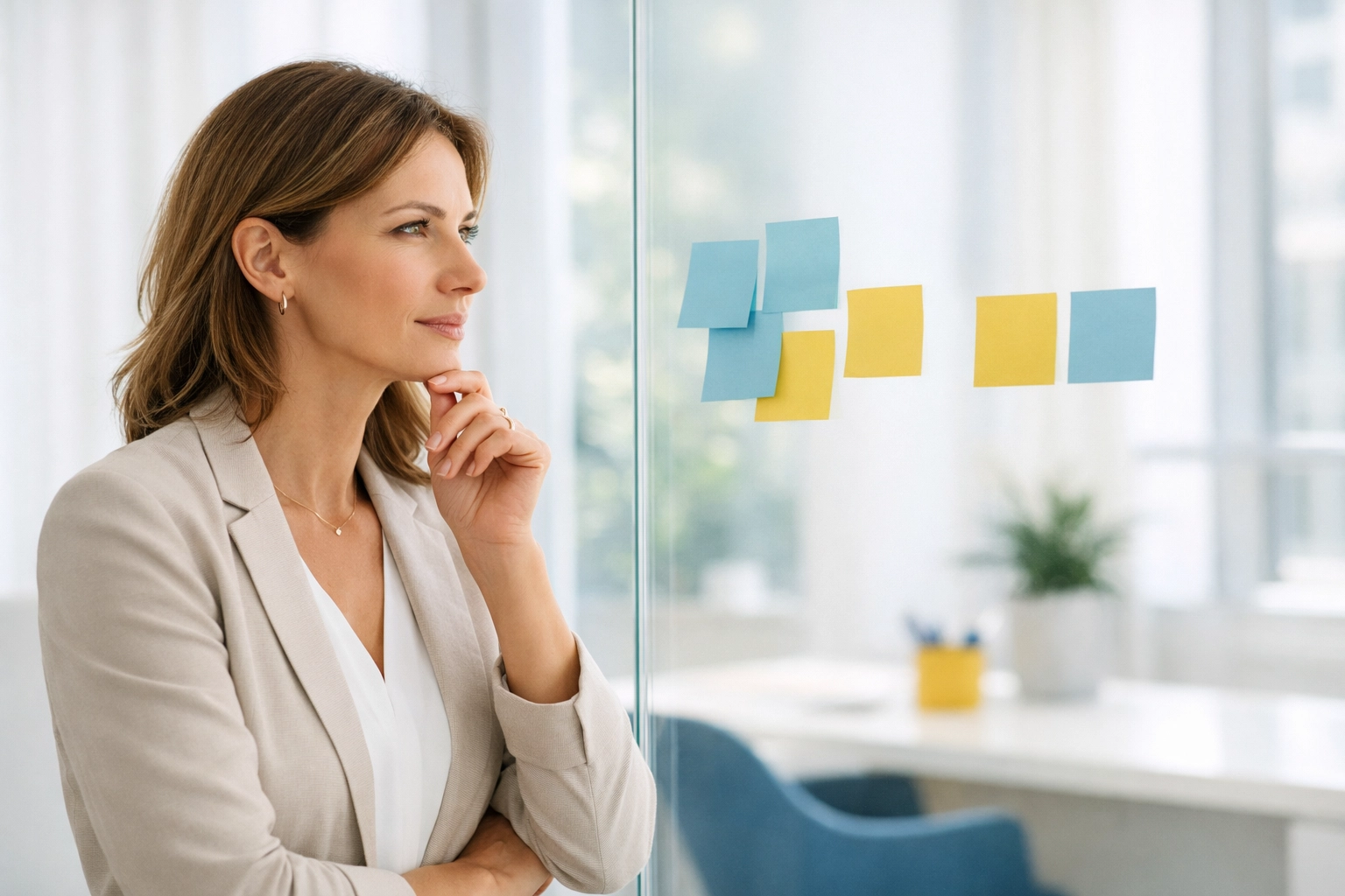 Nonprofit professional organizing prospect research data in a bright, modern office.