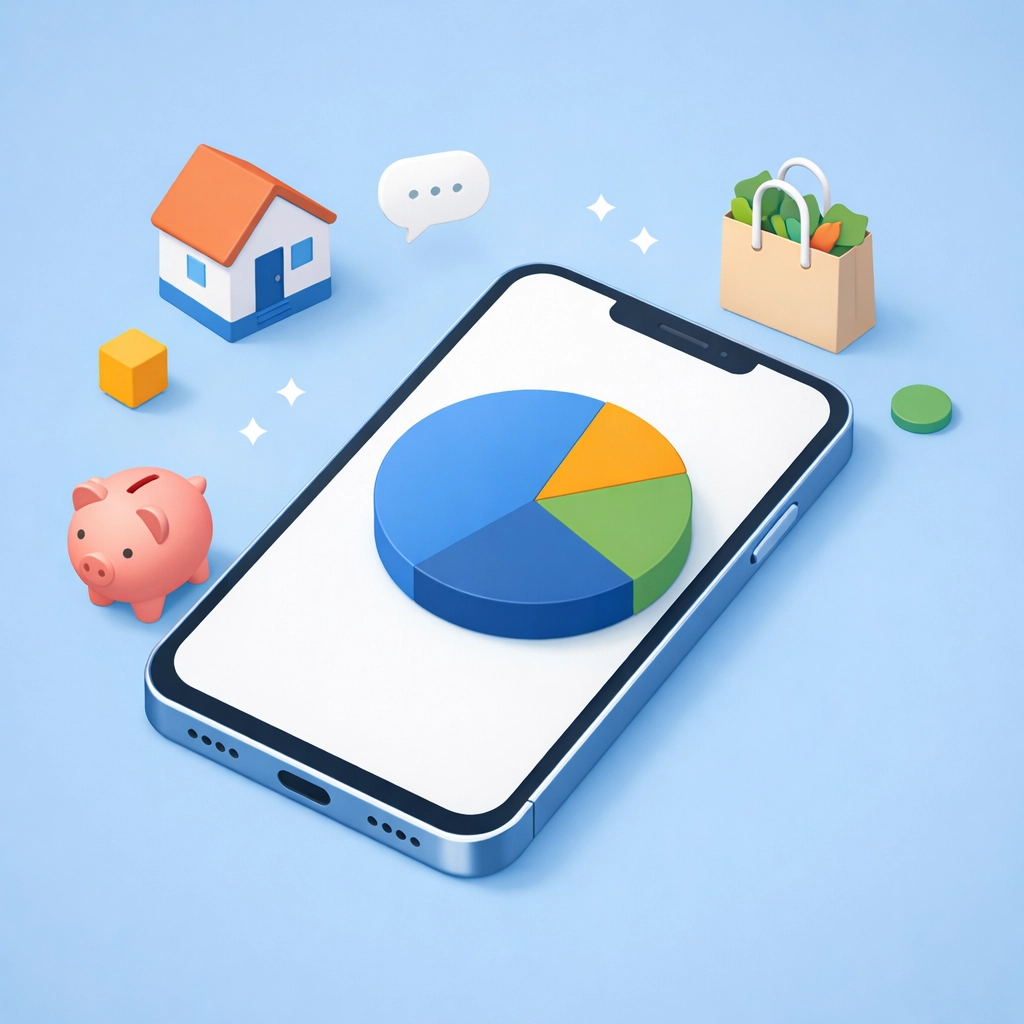 Smartphone con presupuesto y ahorro para la compra de casa de familias latinas.