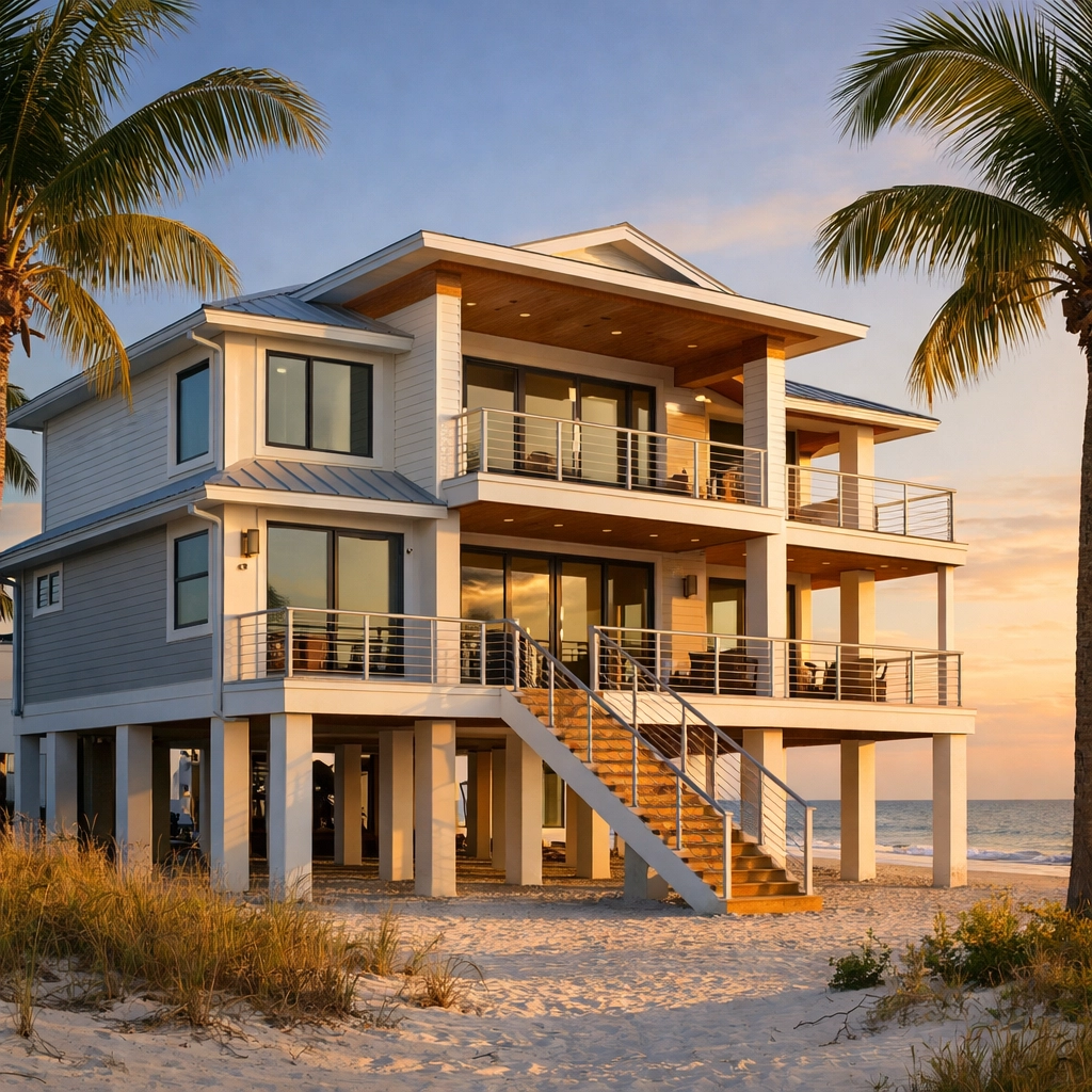 Modern hurricane-resistant beachfront home on Fort Myers Beach with elevated construction and impact windows