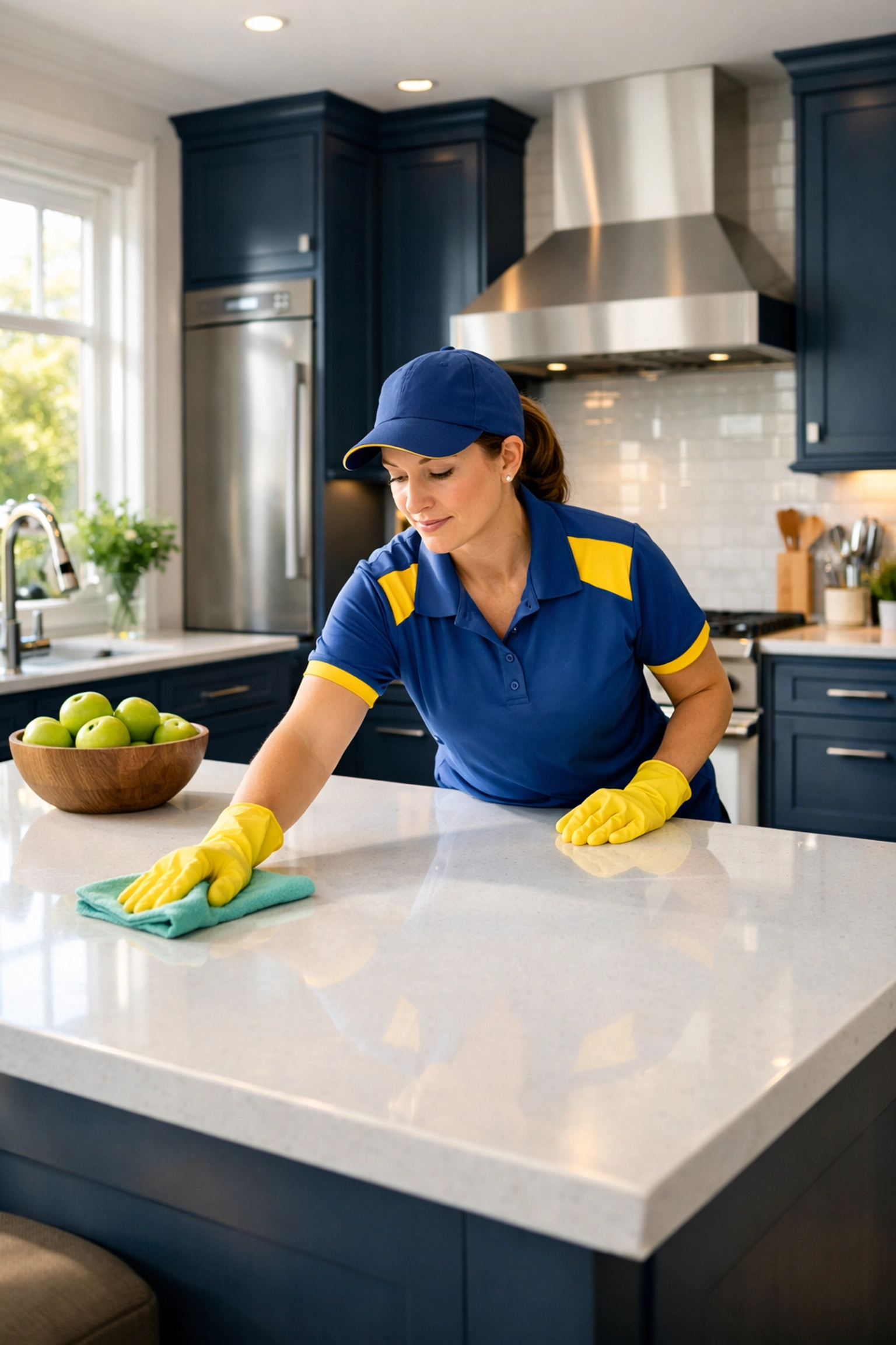 Professional cleaner wiping a kitchen island during a move-in cleaning in Framingham.