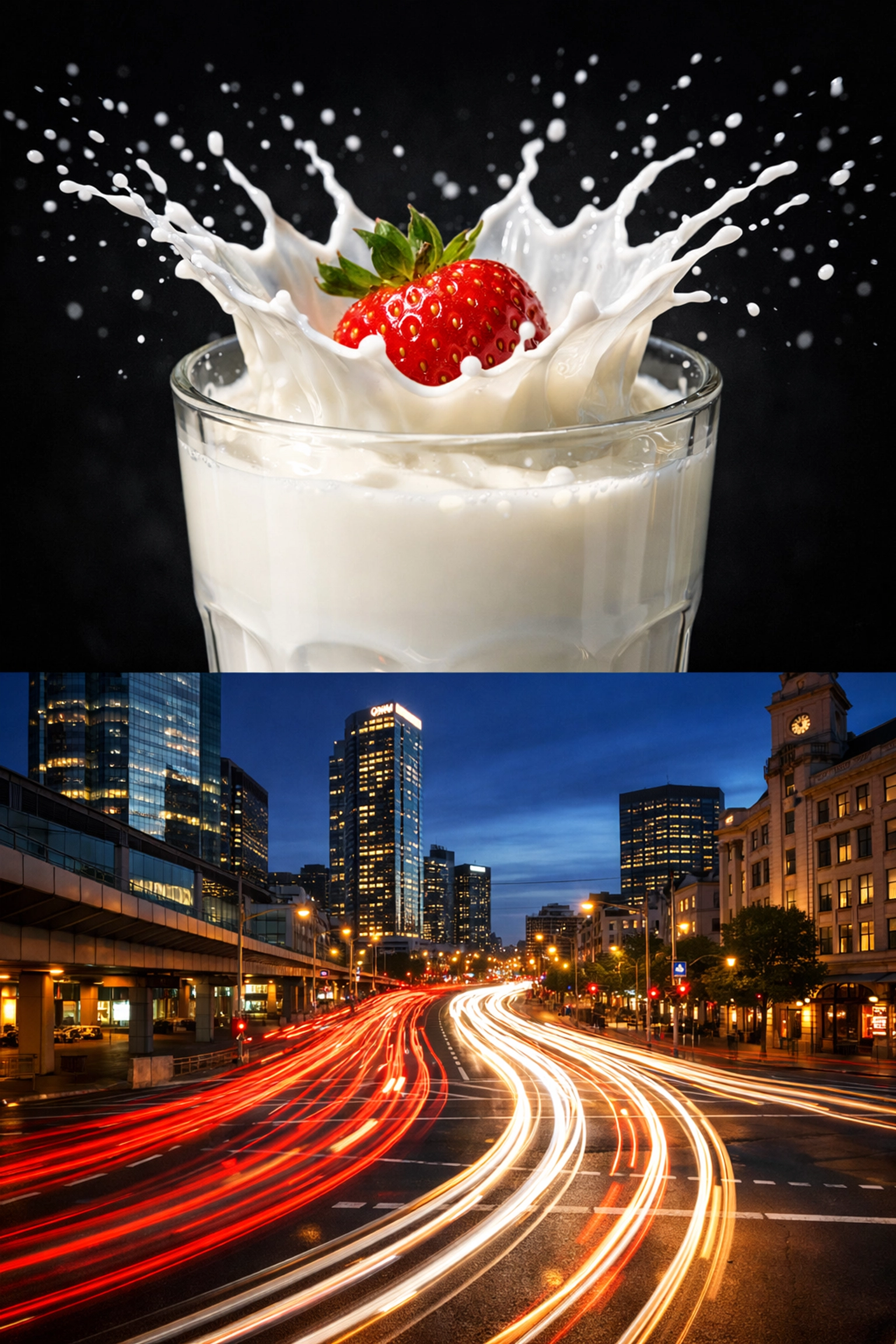 Manual mode camera shutter speed examples showing a frozen splash and long exposure light trails.