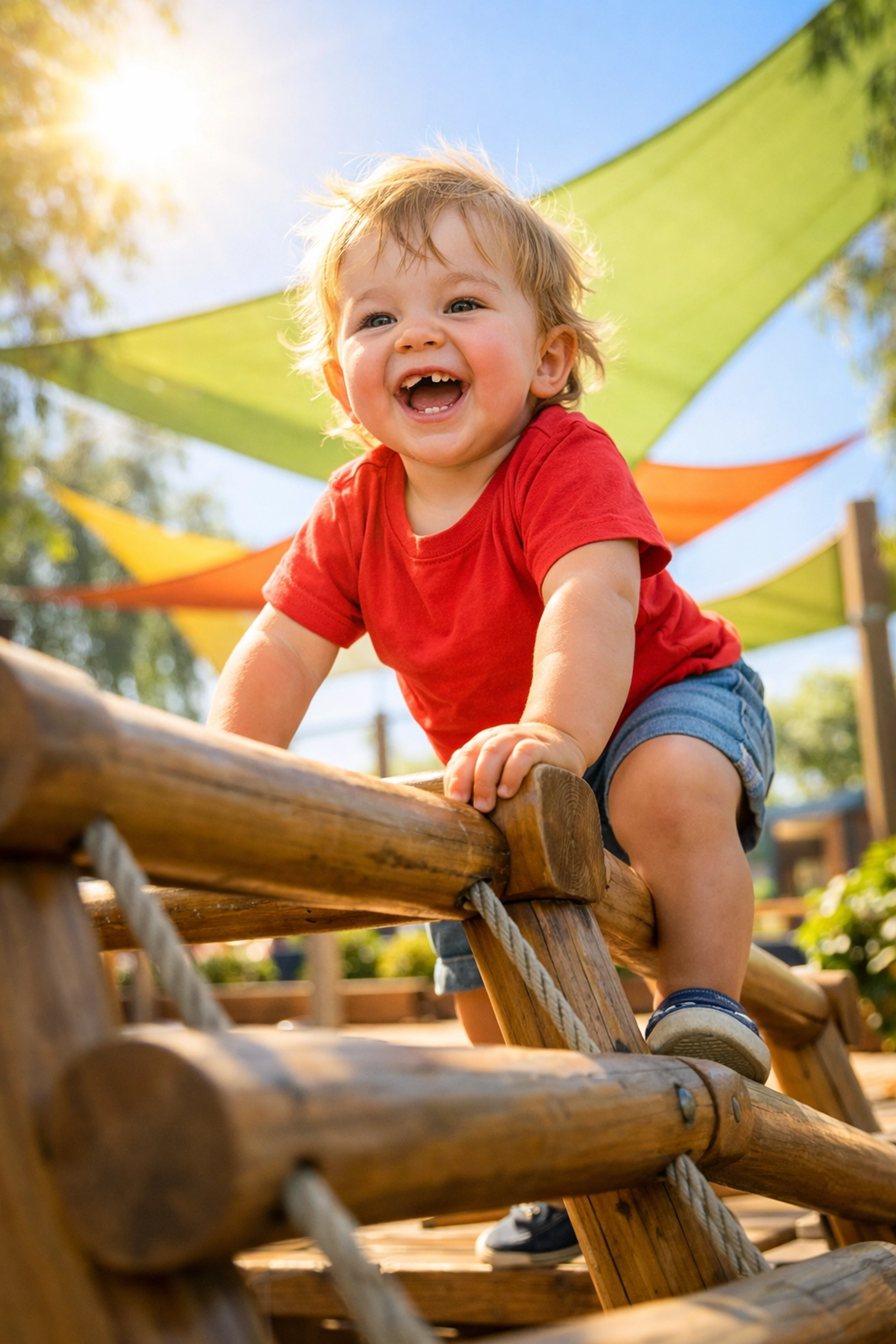 A toddler confidently navigating outdoor play equipment at a Prestons childcare centre.