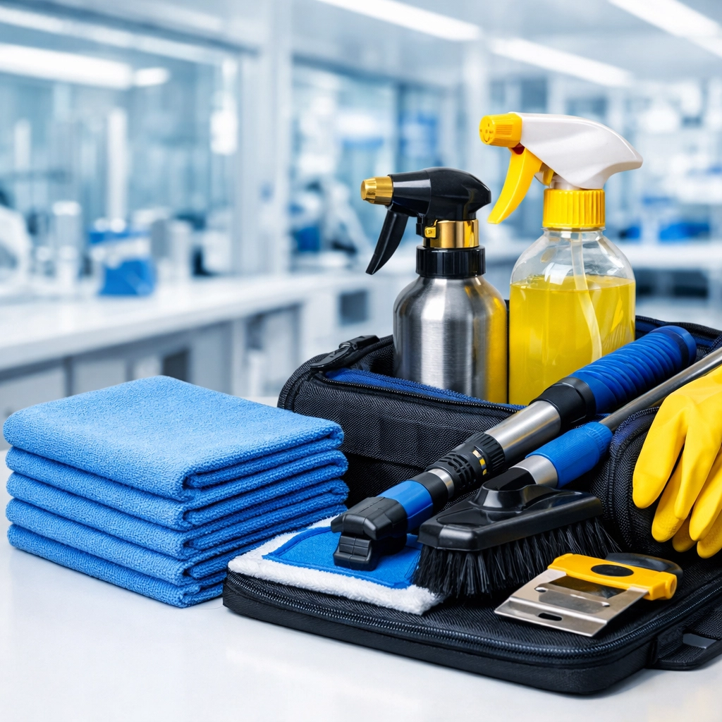 Professional cleaning supplies and blue microfiber cloths in a sterile clinical laboratory environment.