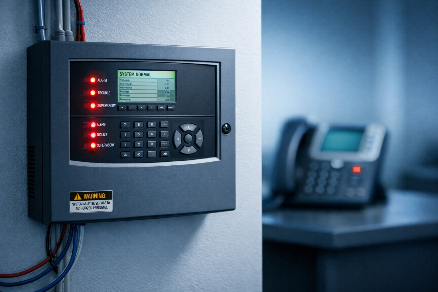 Commercial fire alarm control panel with LED indicators contrasted with standard VoIP phone