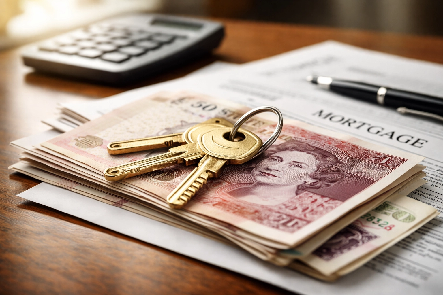 Brass house keys and British pound notes on mortgage documents, symbolizing HMO mortgage and property investment in Oldham.