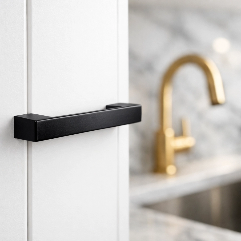 Matte black hardware on white cabinets showcasing expert interior painting Orlando.