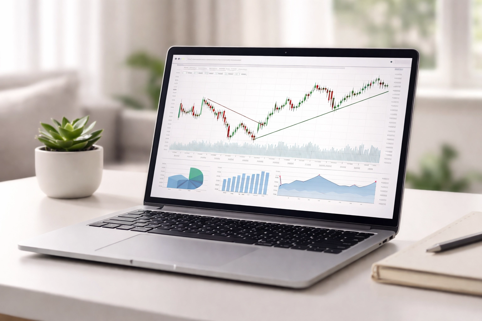 Laptop showing financial charts on a desk, illustrating tax loss harvesting and investment analysis.