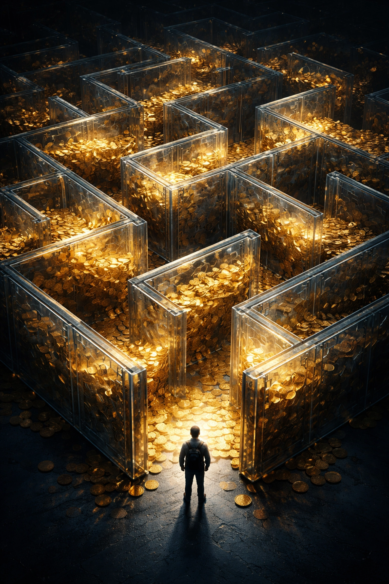 Complex maze filled with gold coins symbolizes the challenging fee structures in alternative investments