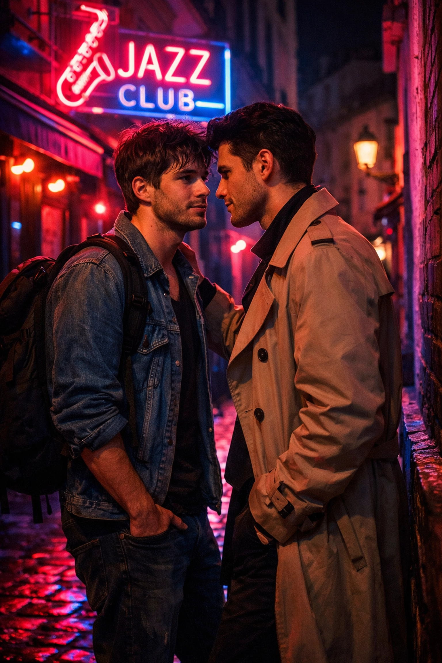 A romantic MM romance scene featuring two men under neon lights in a historic Parisian alleyway.