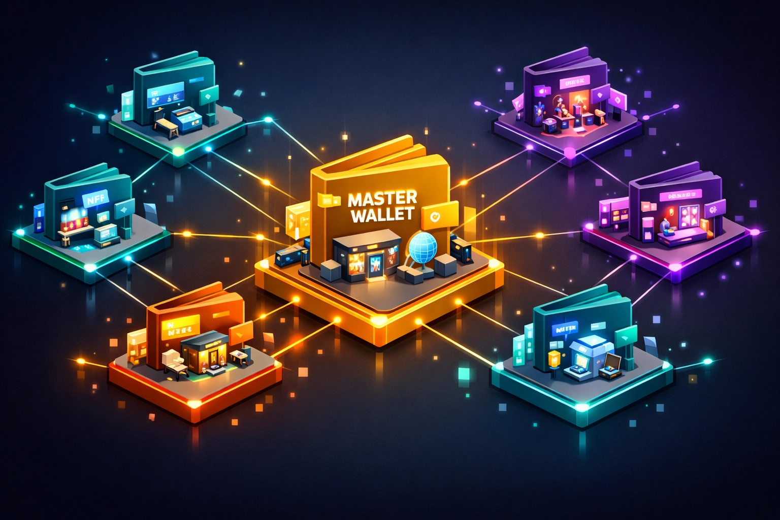 Master wallet network connected to multiple sub-wallets managing metaverse storefronts
