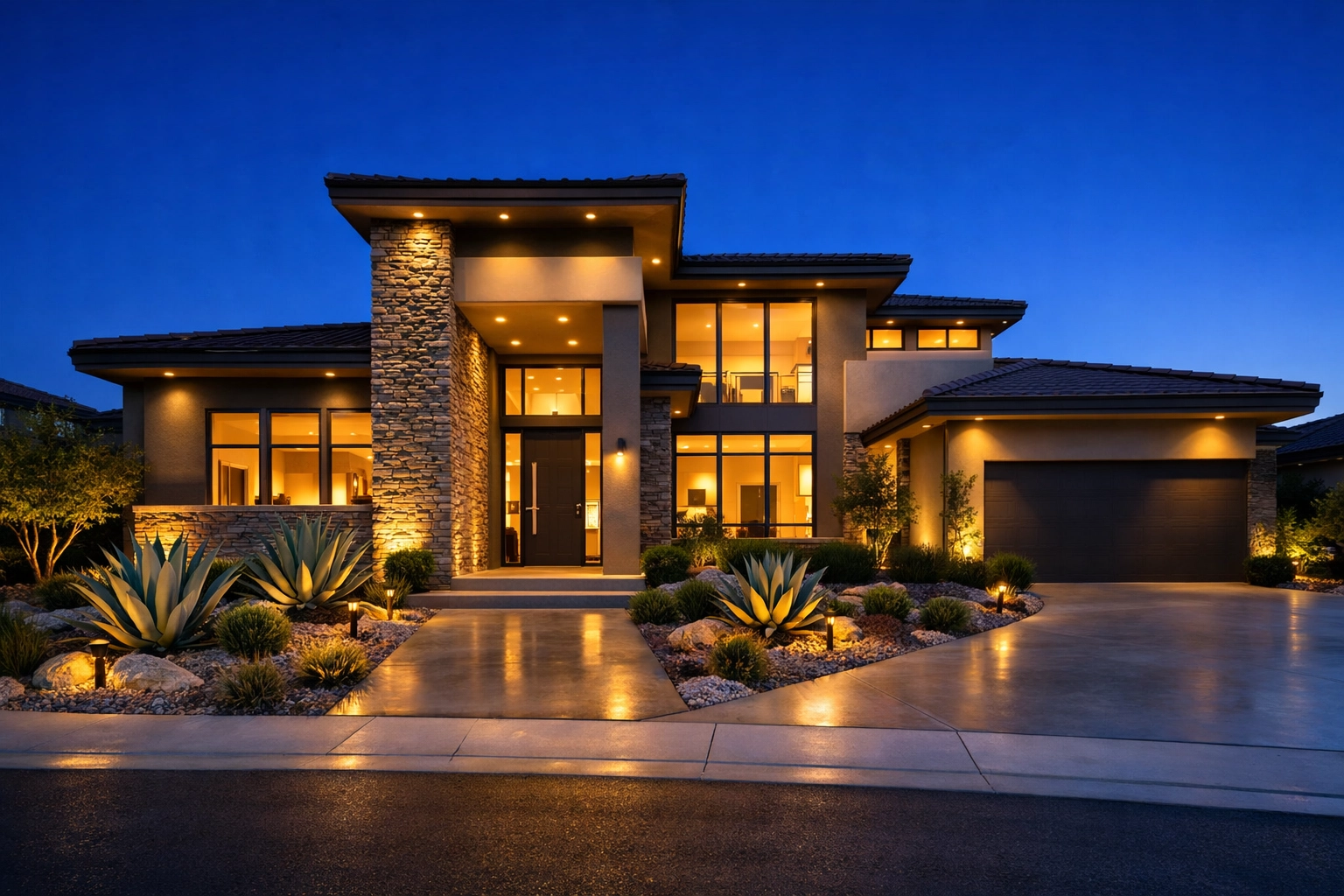 Modern Las Vegas home exterior at dusk with professional landscaping and warm interior lighting