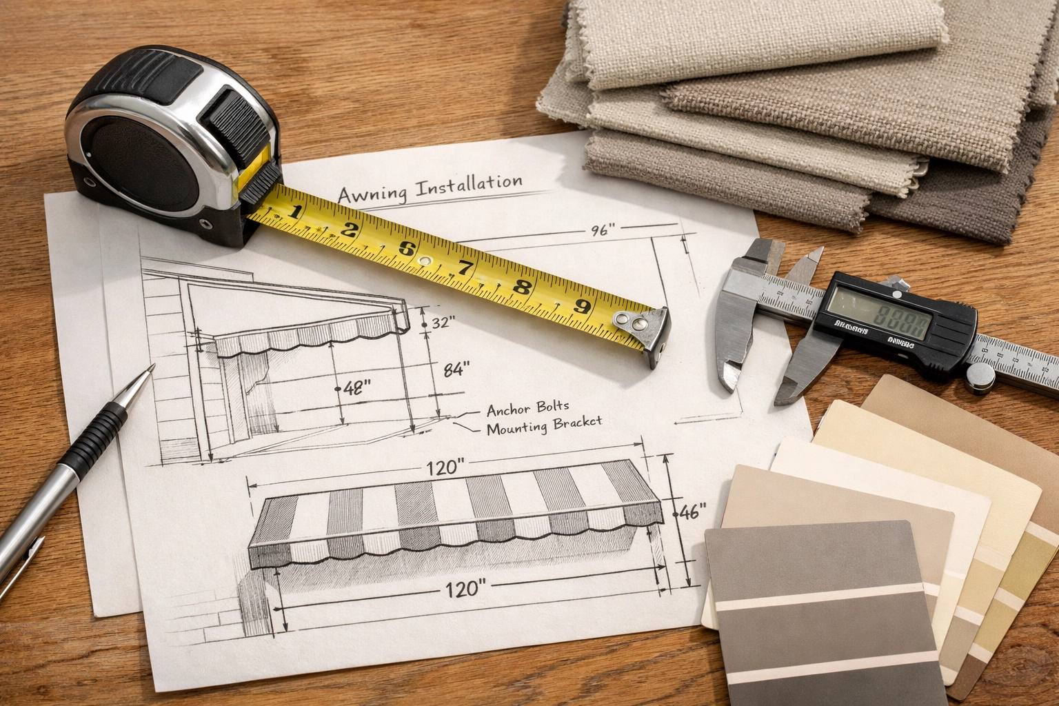 Professionelle Planung einer Markise nach Maß mit Messwerkzeugen und Stoffmustern