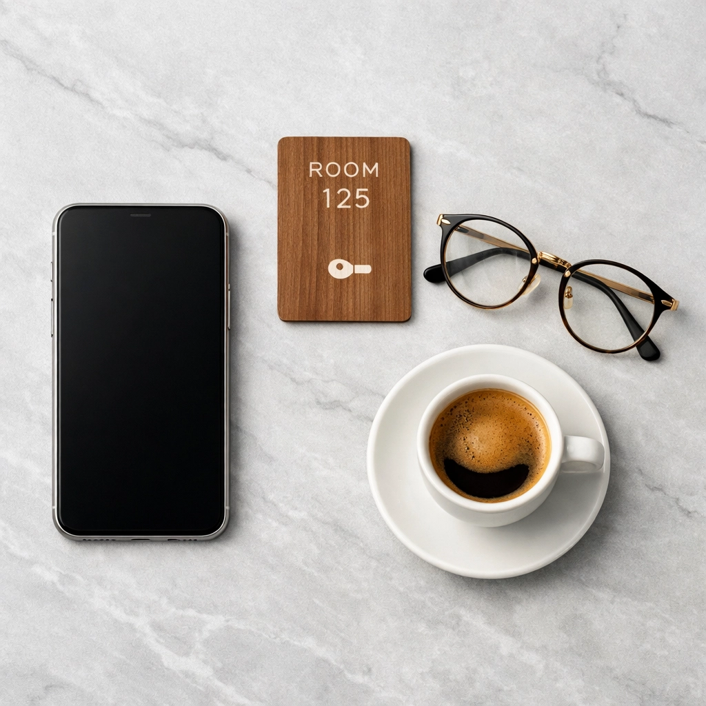 A connected hospitality tech stack featuring a smartphone app and wooden hotel room key.