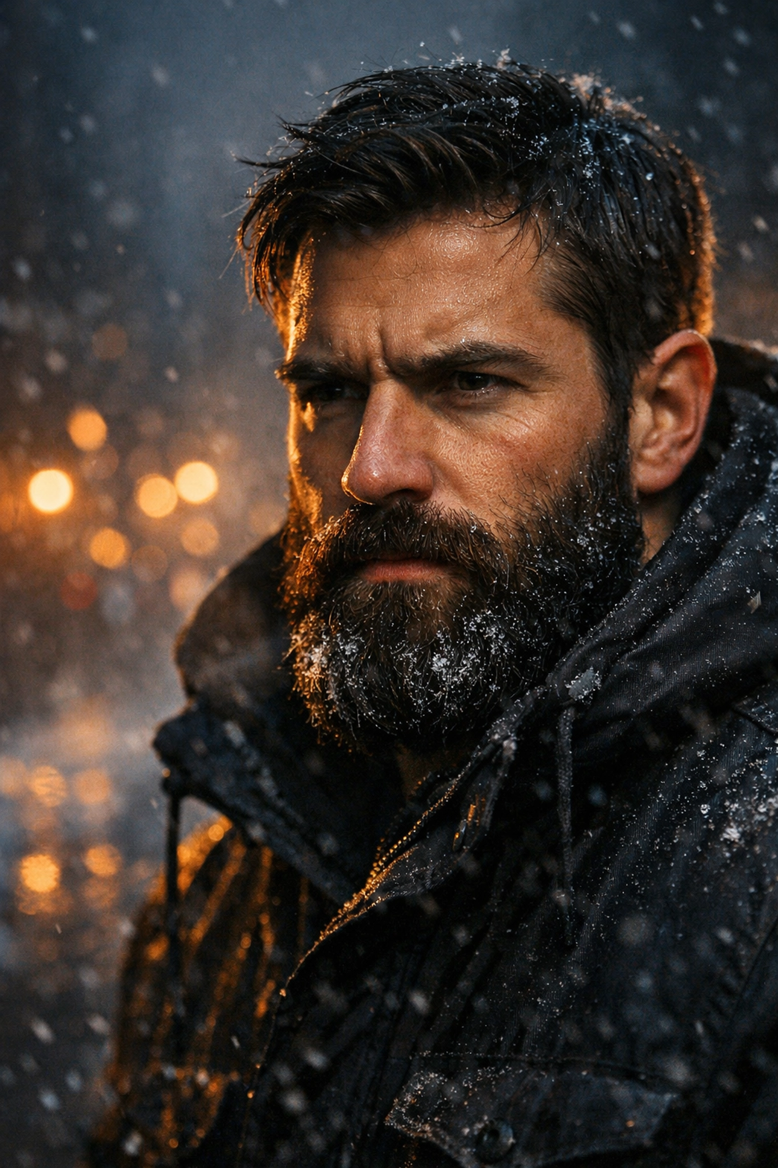 Man with a thick beard in a cold, misty city, illustrating environmental causes of a dry and itchy beard.