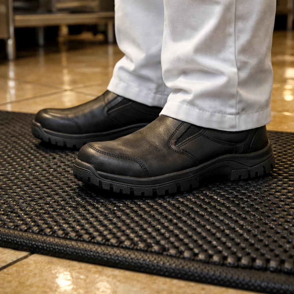 Non-slip footwear on an anti-fatigue mat to prevent slips and support restaurant workers comp safety plans.