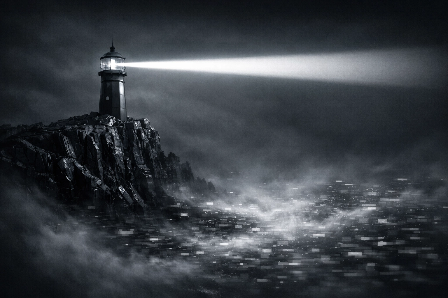 A lighthouse guiding through a digital storm, representing brand trust and visibility in zero-click search results.