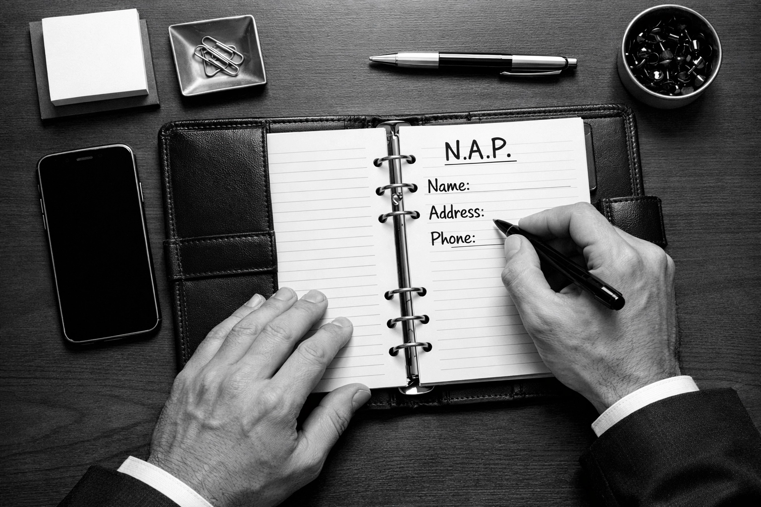 Business owner recording NAP information for consistent local directory listings