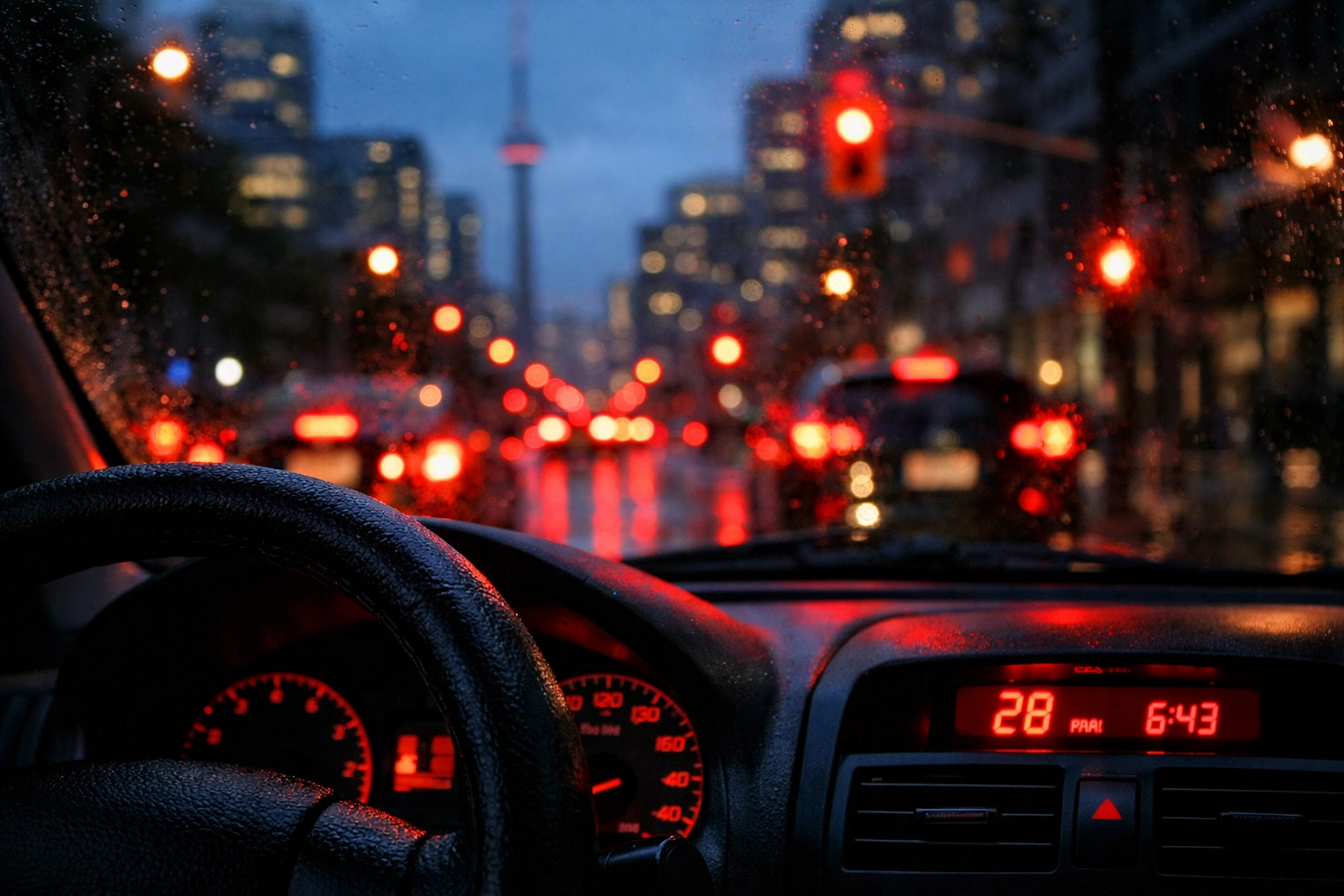 A driver's view of rainy Toronto streets at night, capturing the reflective mood of Canadian life.