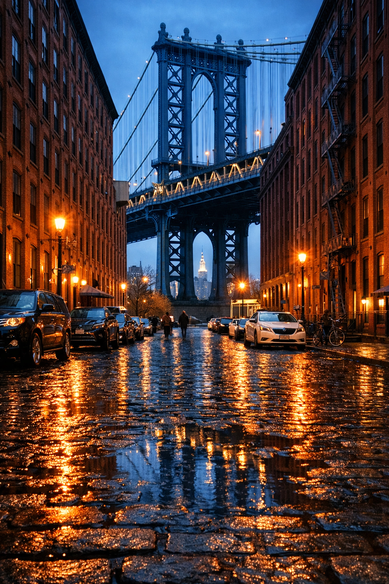 The Manhattan Bridge framed by brick buildings in DUMBO, one of the best places to take pictures in NYC at twilight.