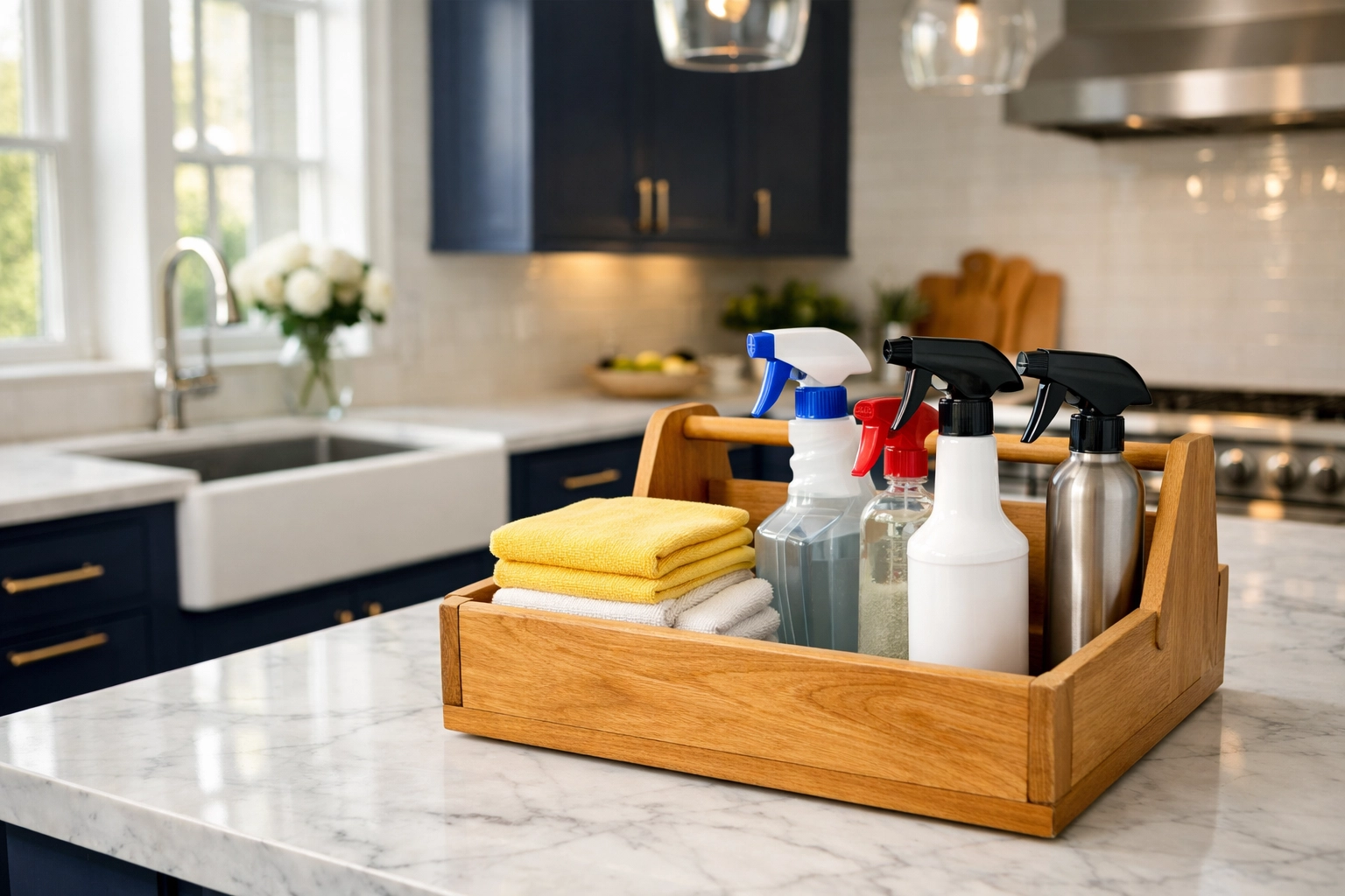 Professional cleaning sprays and cloths for House Cleaning Pepperell MA in a modern marble kitchen.