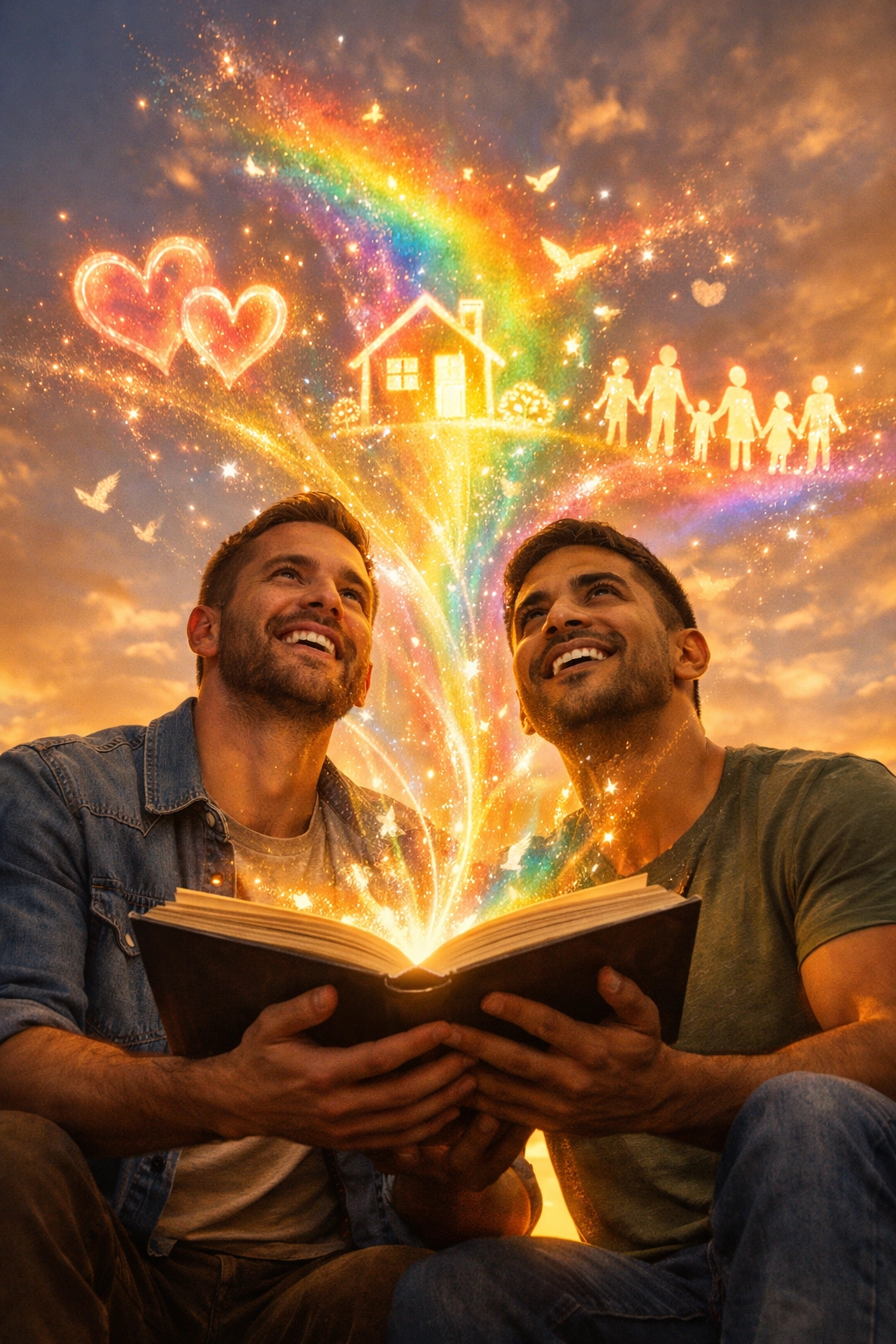 Two men reading gay romance book with stories and possibilities flowing from pages