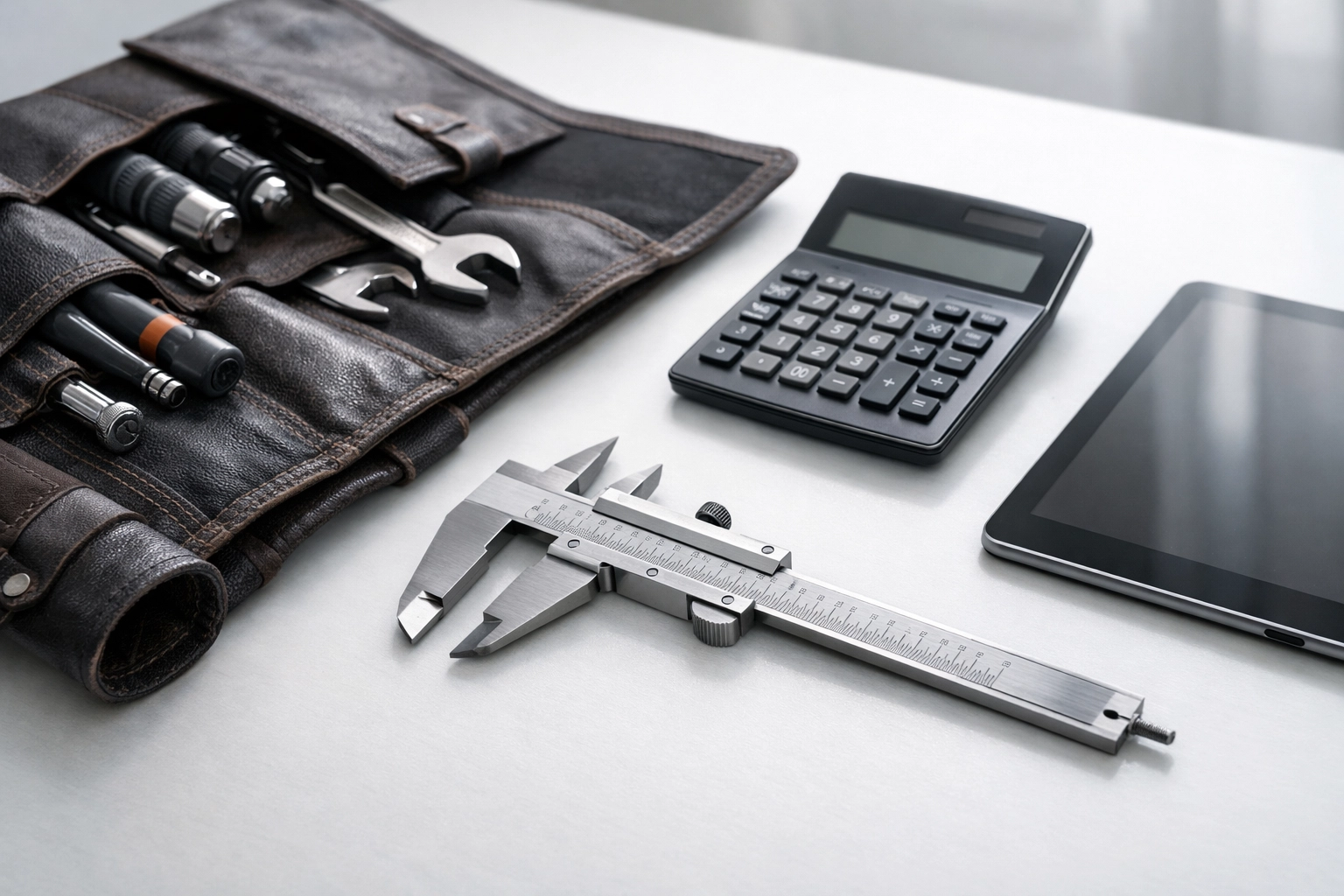 Precision tools and a calculator representing specialized bookkeeping for labor rate calculations.