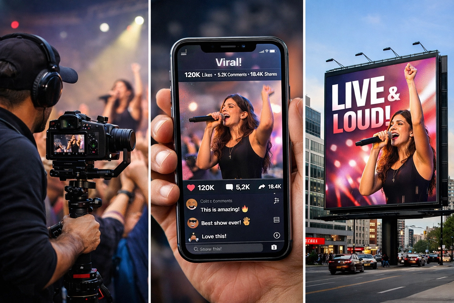 Brand activation flowing from live venue content creation to social media amplification and outdoor advertising