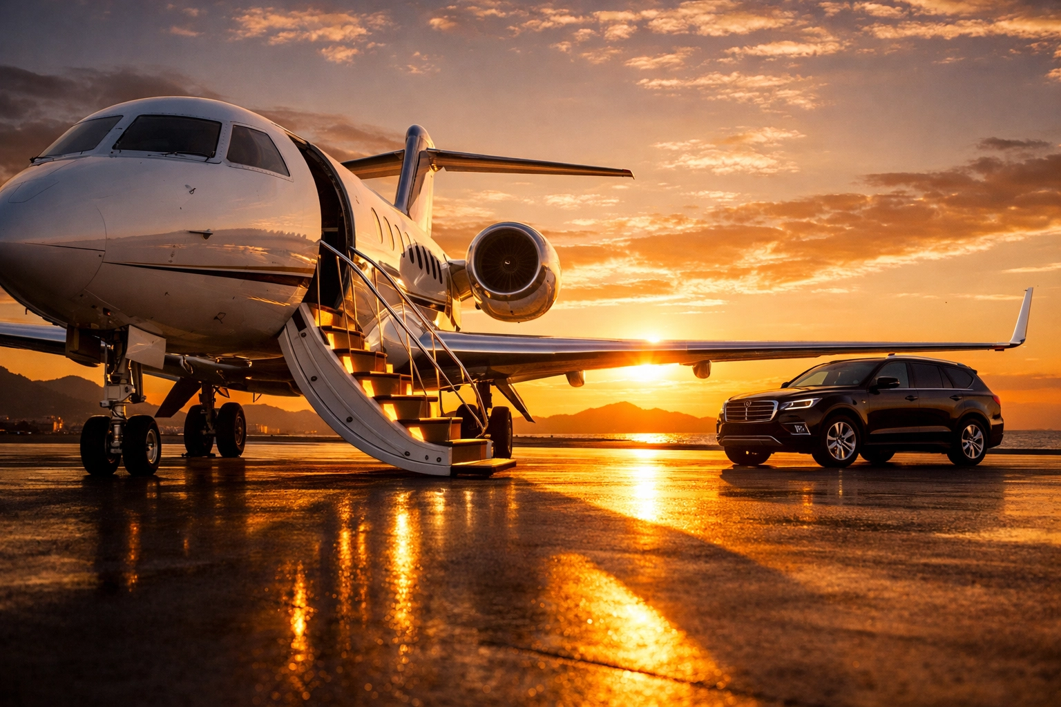 Private jet on tarmac at sunset representing ultimate luxury aviation and exclusive travel