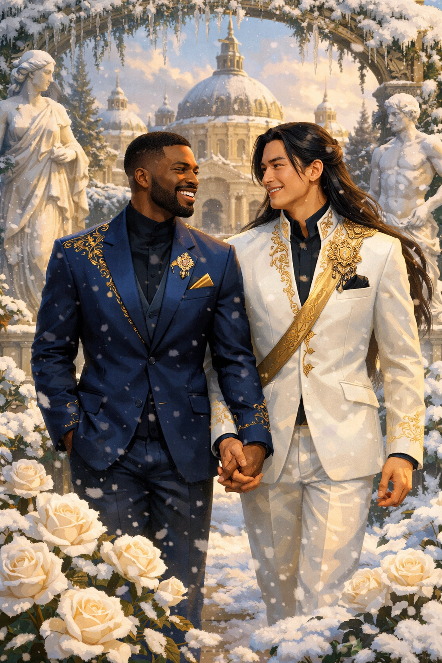 A diverse gay royal couple walking in a winter garden, highlighting inclusive LGBTQ+ romance books.