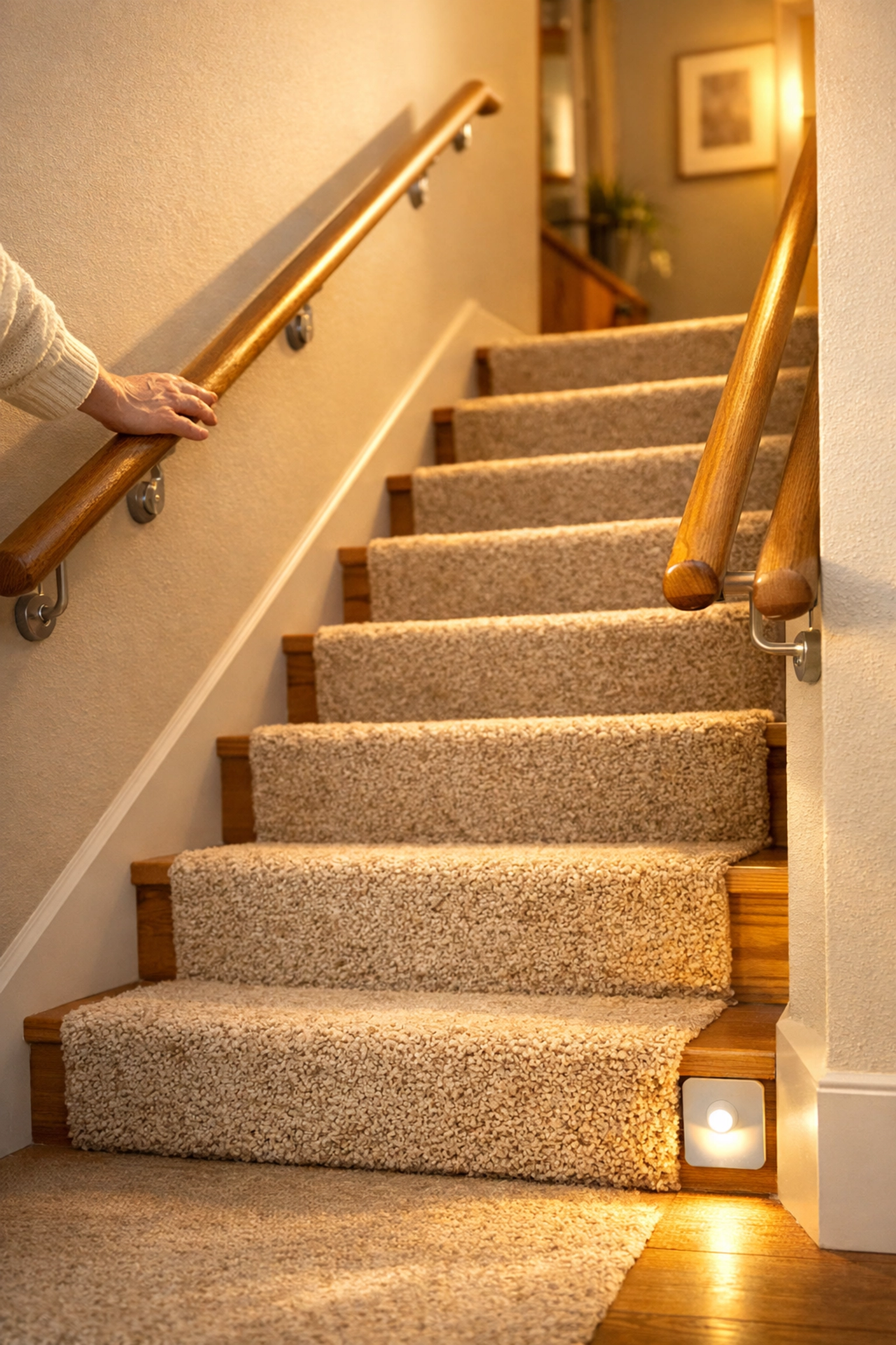 Safe home staircase featuring dual handrails and motion-activated lighting for fall prevention.