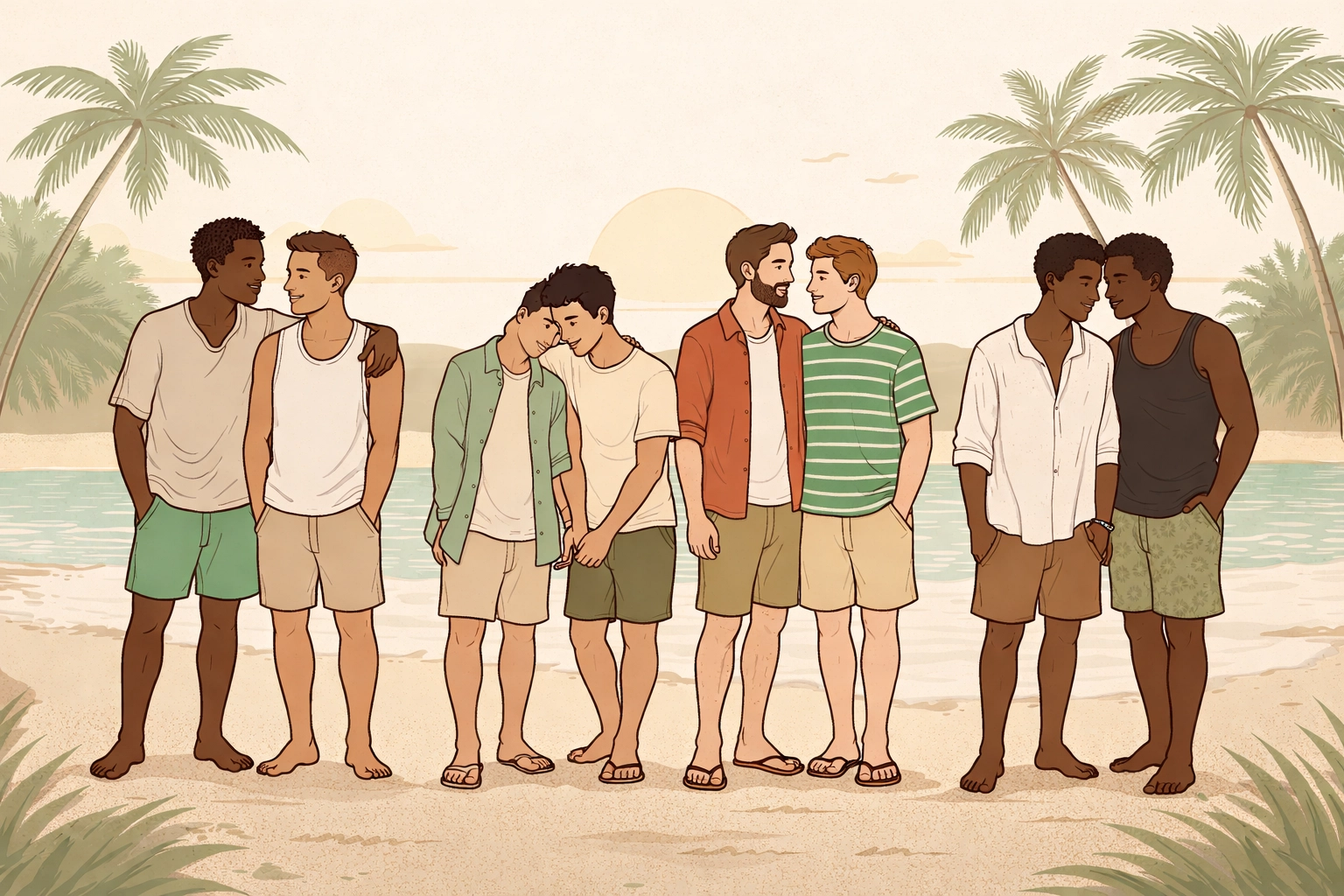 Six diverse male couples from around the world standing on a tropical beach, highlighting LGBTQ romance and cultural diversity in Global Glue.