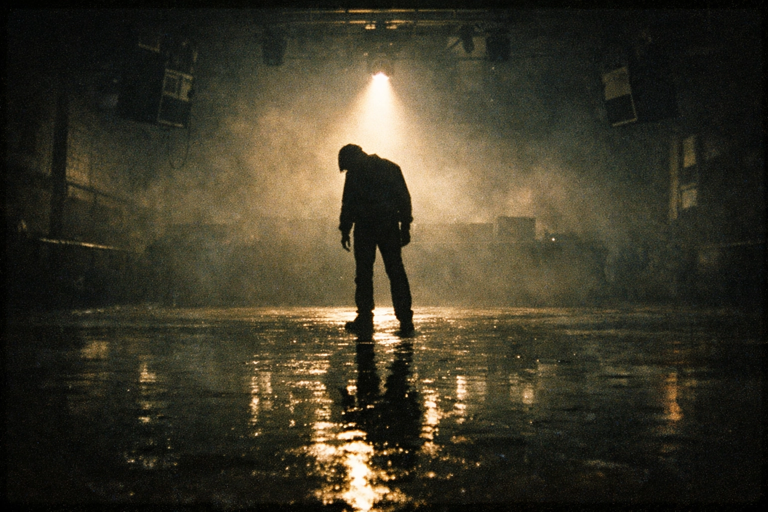 Solitary dancer silhouette on empty dancefloor in fog-filled underground techno club