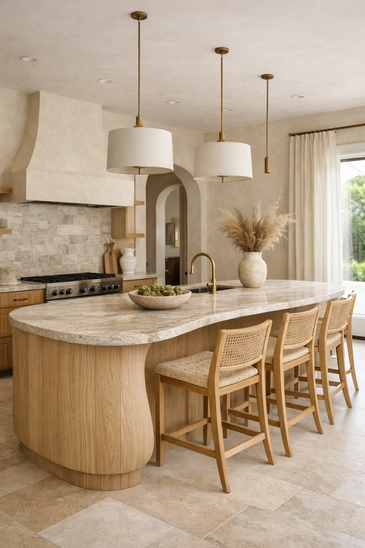 Modern kitchen remodeling in Orlando with curved white oak island and organic natural materials