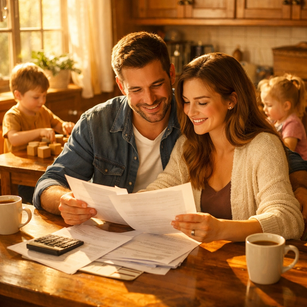 Young family reviewing life insurance paperwork at kitchen table with children playing