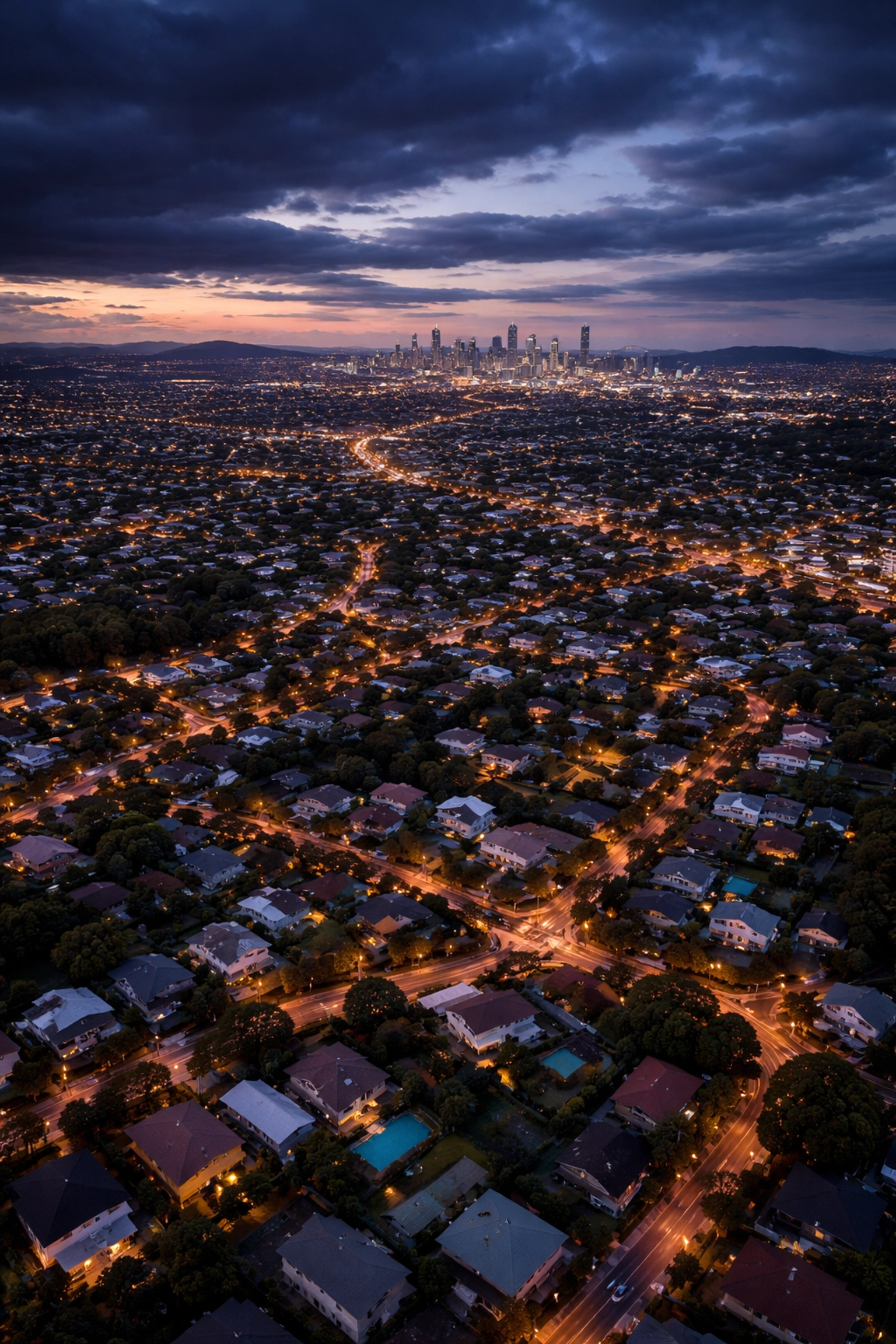 Aerial view of Brisbane suburbs at dusk, showing neighborhoods for suburb-specific pest control strategy and local authority.