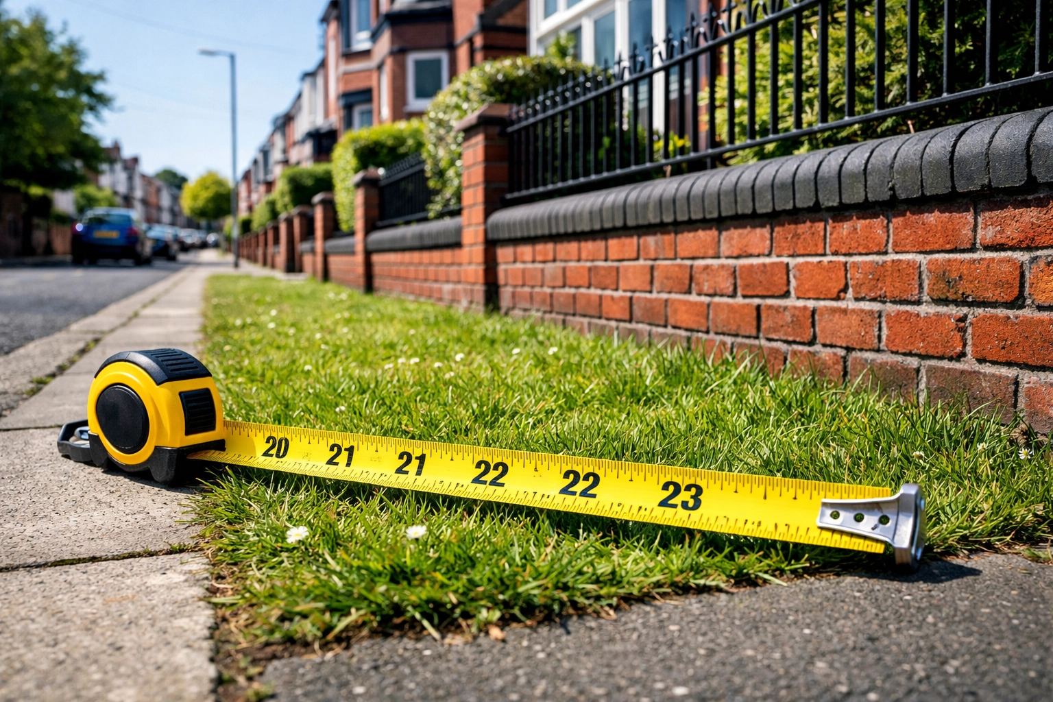 Grass verge between pavement and fence in Liverpool showing public highway boundary