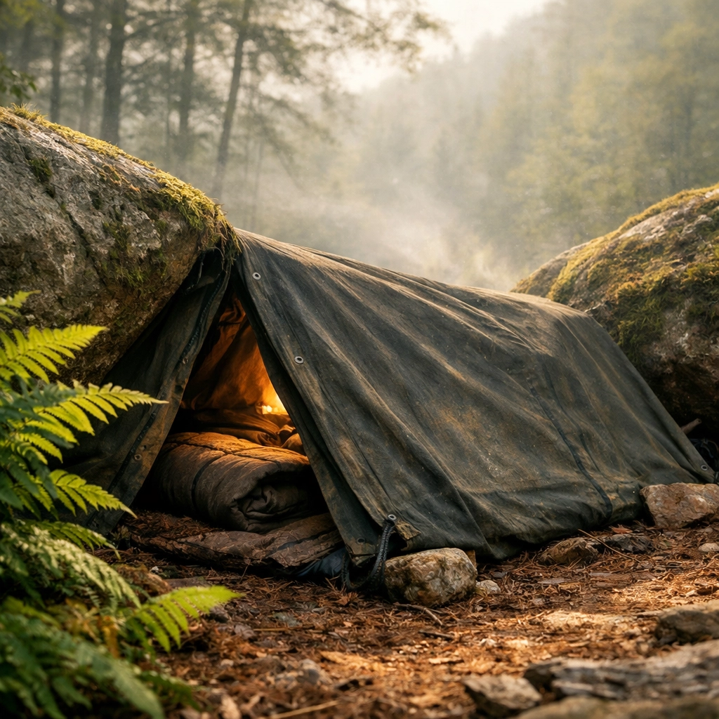Compact emergency shelter nestled between boulders for warmth during wild camping guided UK.