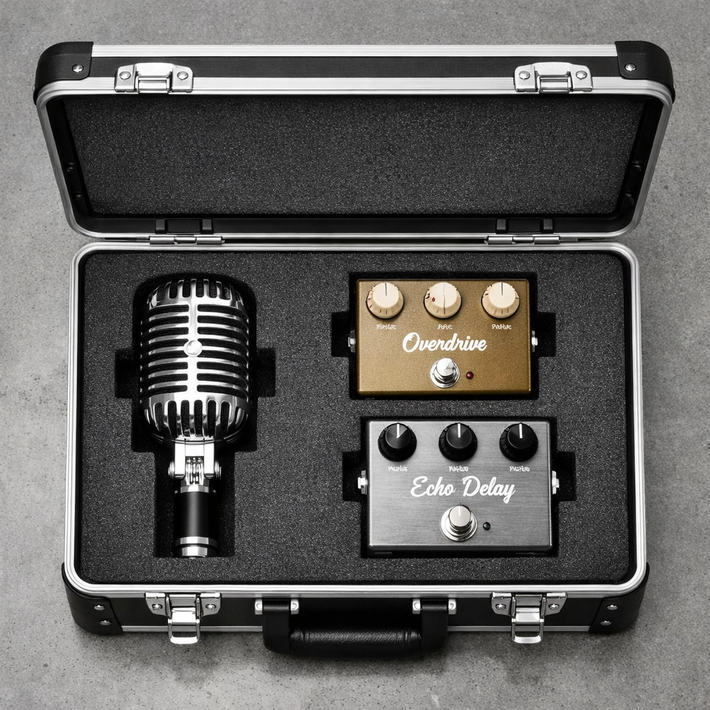 Portable boutique guitar pedals and vintage microphone in a hard case for music studio insurance.