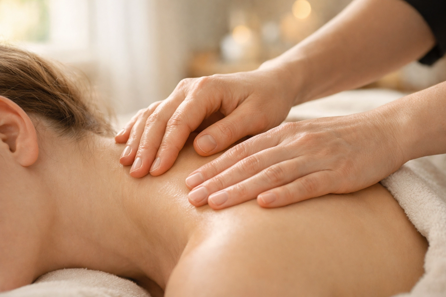 Massage therapist performing gentle lymphatic drainage technique on client's neck