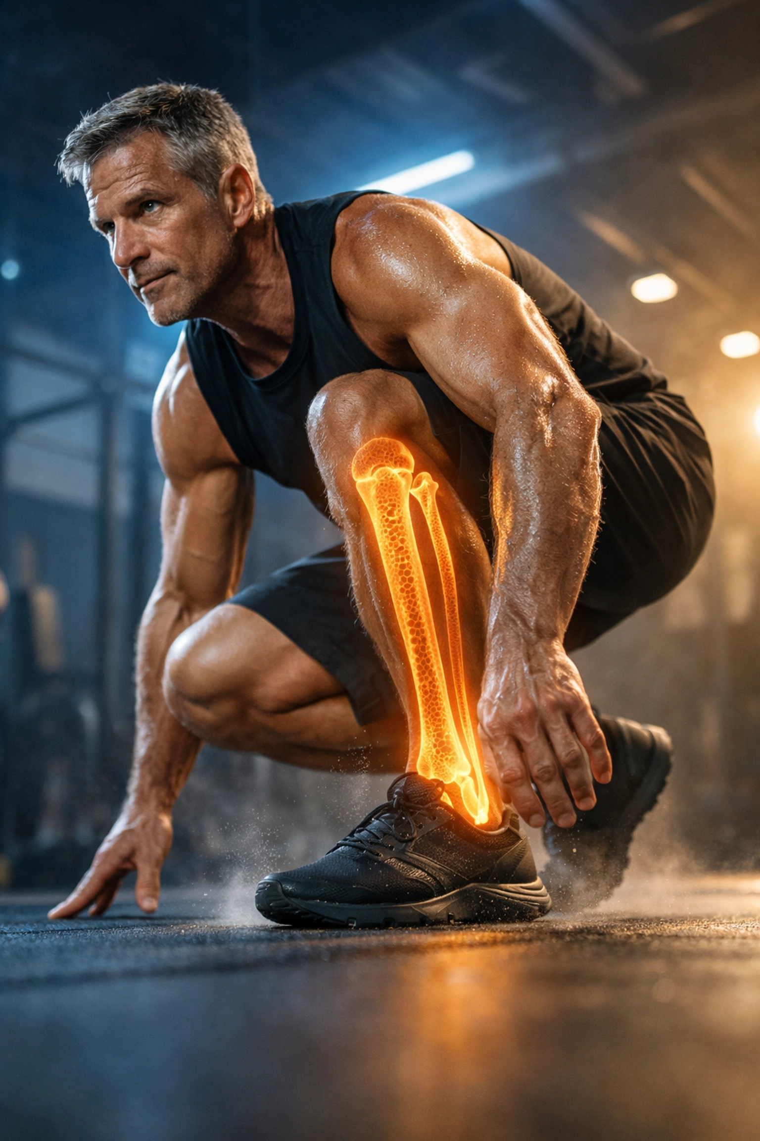 Athlete over 40 landing a jump to strengthen Achilles tendons and bone mineral density.