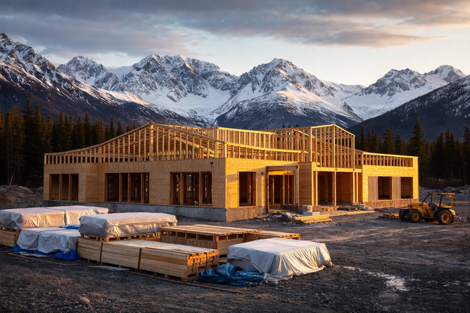 Commercial building under construction in Alaska with lumber and materials on-site surrounded by mountains