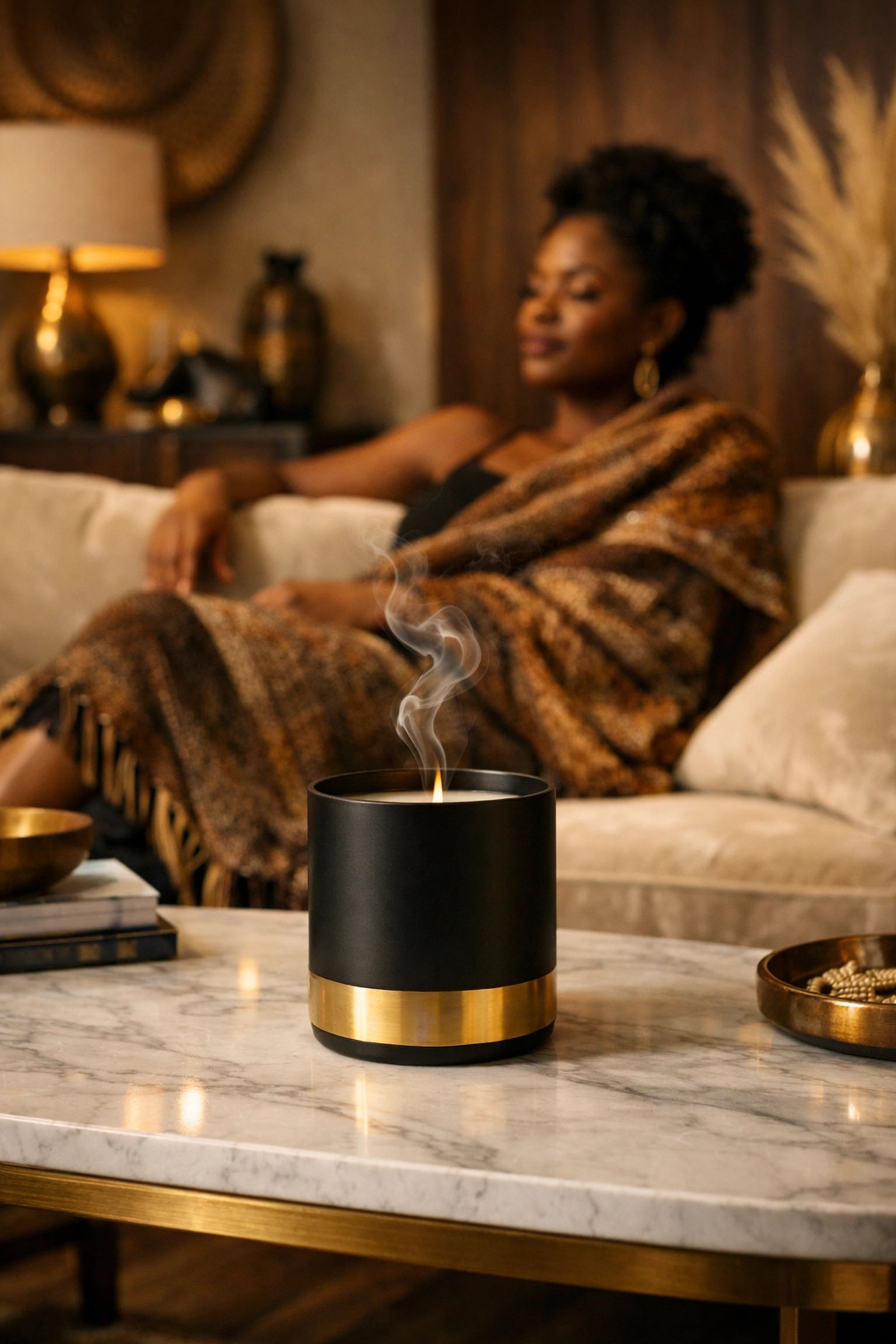 Elegant Black-owned luxury home decor featuring a gold-trimmed candle and Afro-chic living room.