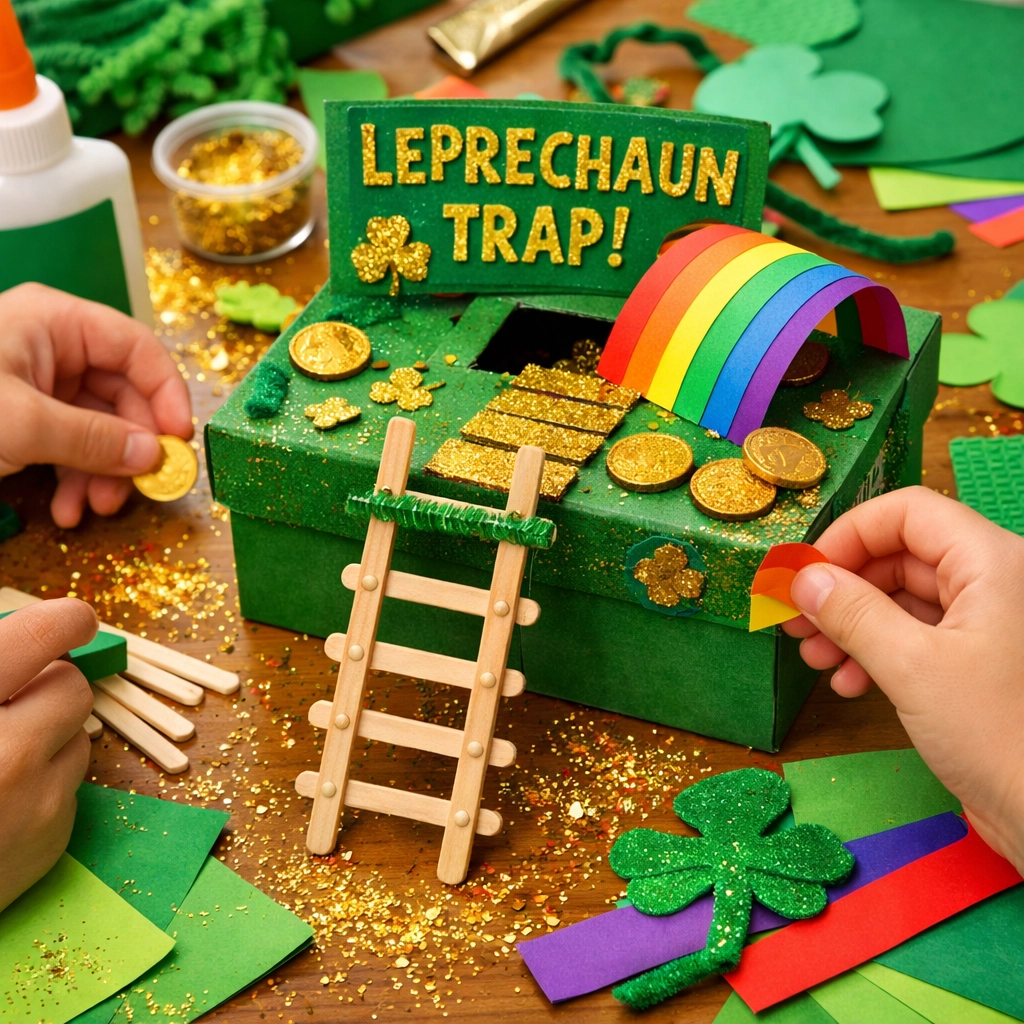 Children building a leprechaun trap craft as part of a St. Patrick’s Day school party activity.