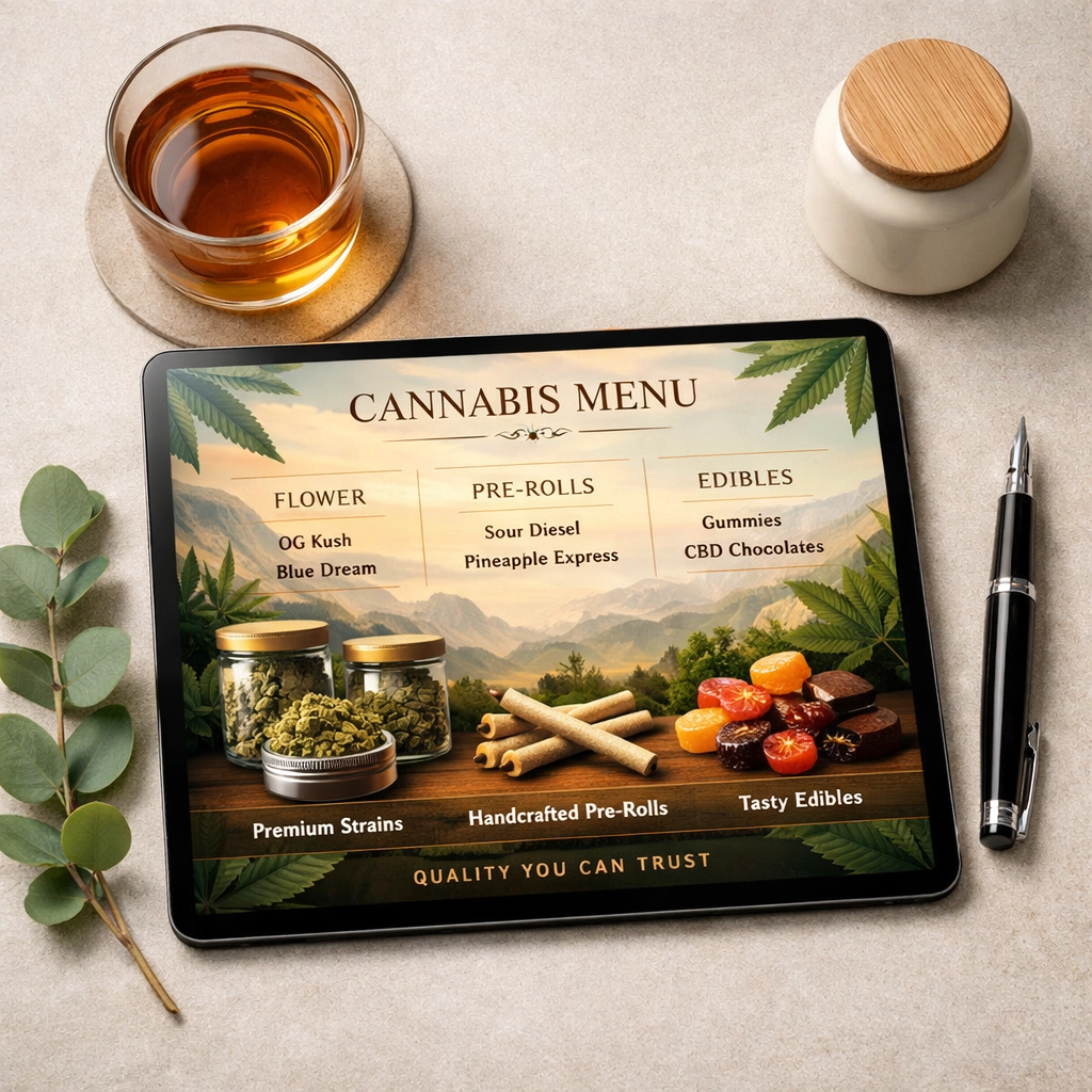 A high-quality native cannabis e-commerce menu on a tablet, showcasing seamless website and SEO integration.