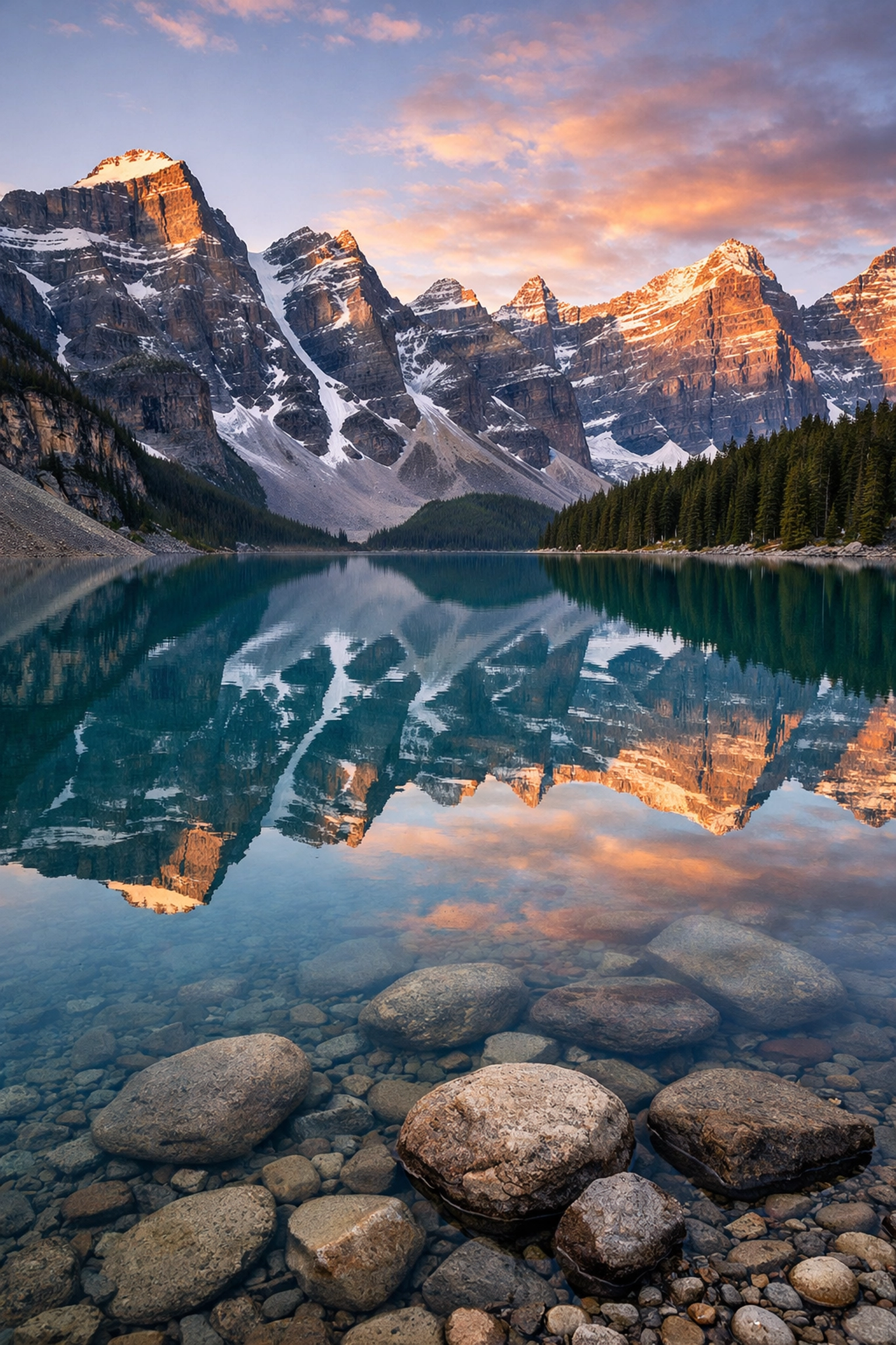 Pristine mountain lake in Banff at sunrise, representing hidden photo spots in natural landscapes.